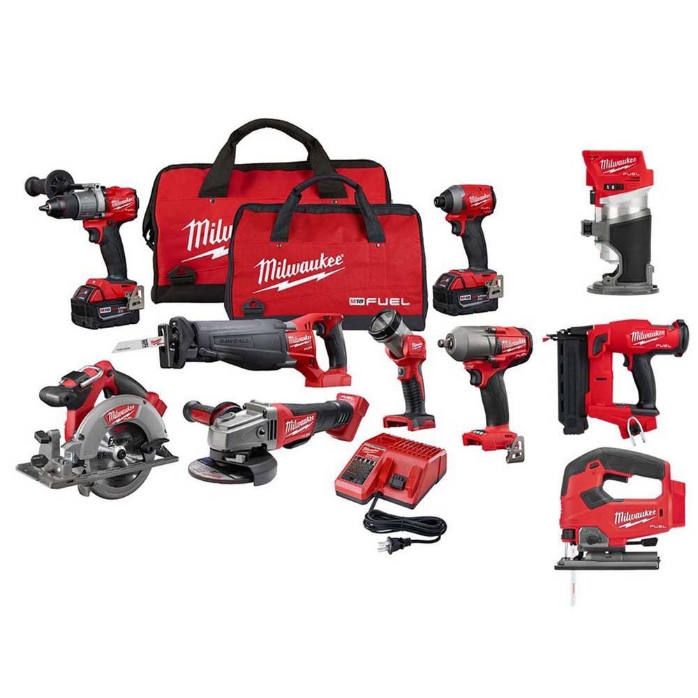 2025 Milwaukee M18 FUEL 18-Volt Lithium-Ion Brushless Cordless Combo Kit (10-Tool) W/(2) 5.0 Ah Batteries, (1) Charger, (2) Tool Bags