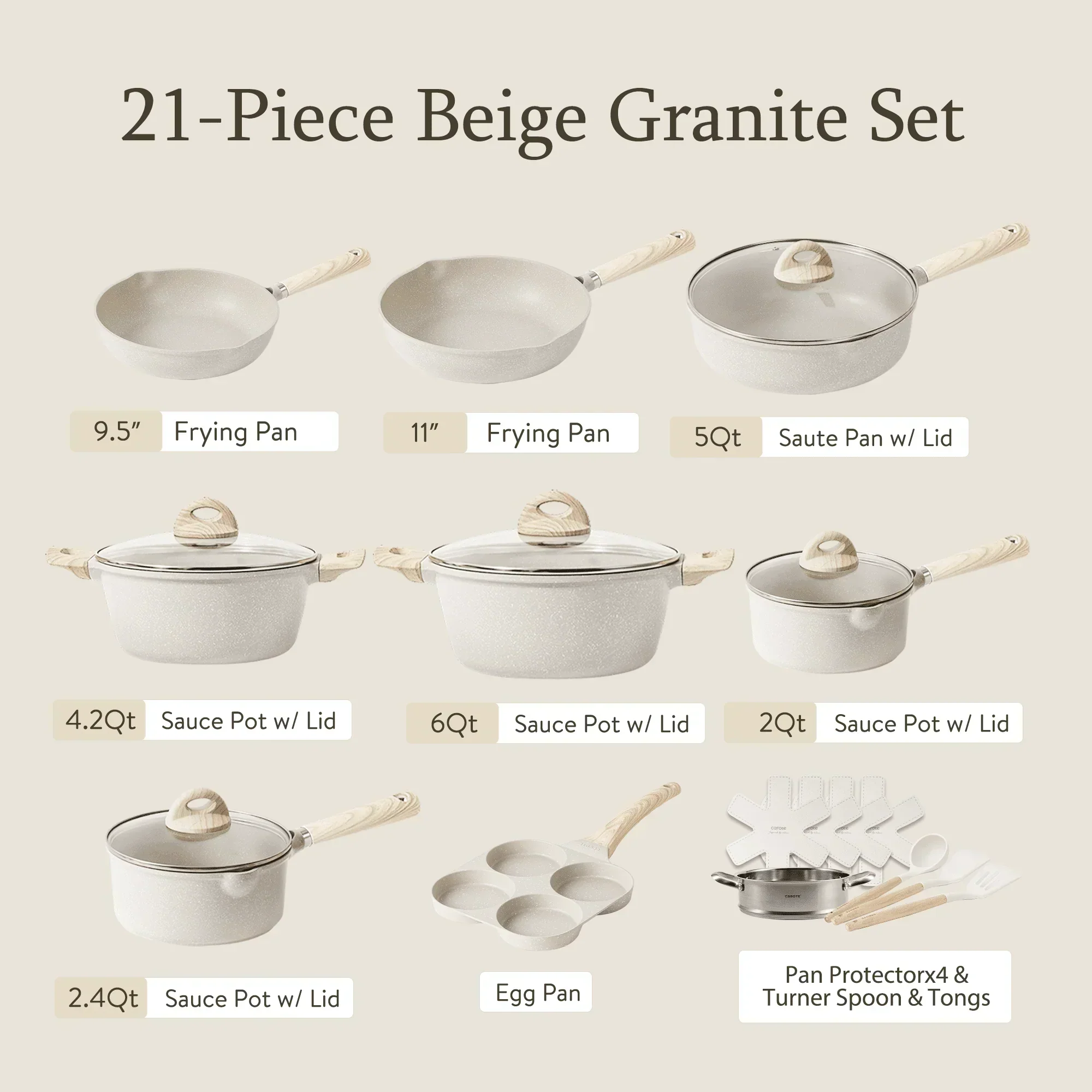 Non Stick Pots and Pans Set, 21 Pcs Induction Kitchen Cookware Sets (Beige Granite)