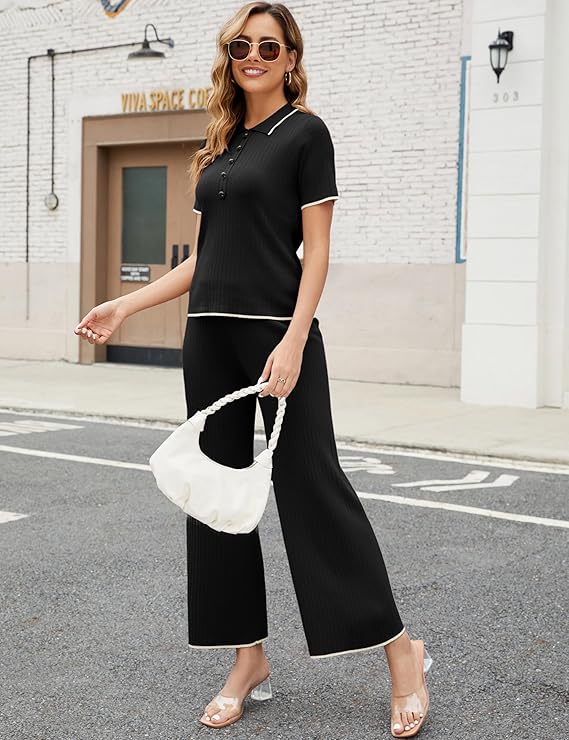 Two Piece Sets for Women Short Sleeve Polo Neck Tops