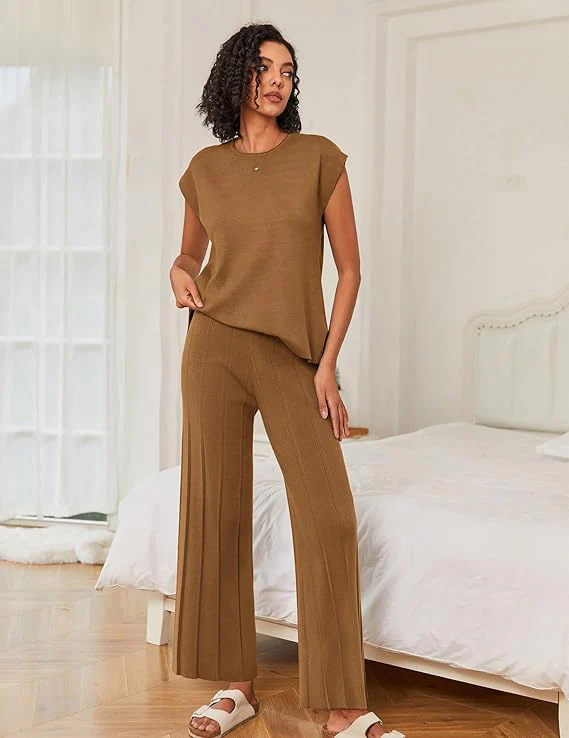 Lounge Sets for Women Two Piece Outfits Knit Cap Sleeve Tops