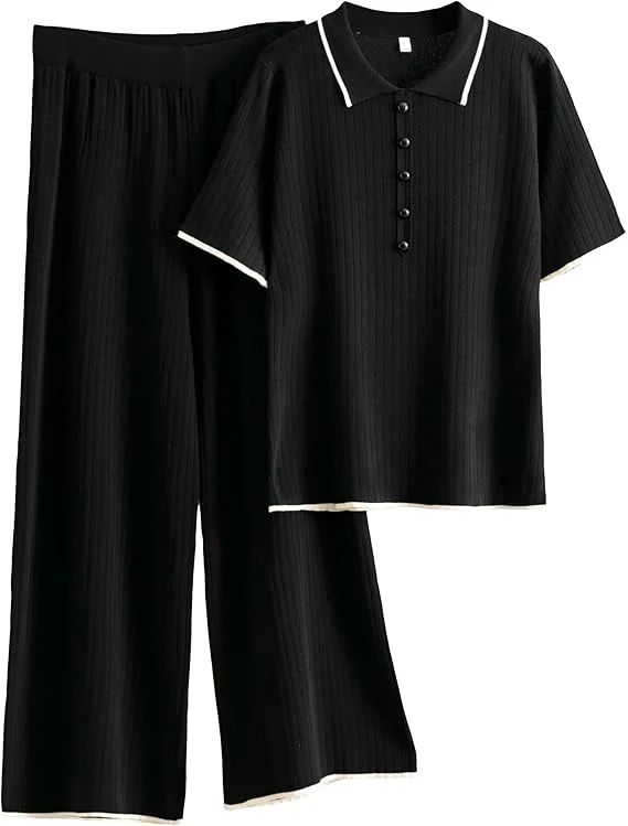 Two Piece Sets for Women Short Sleeve Polo Neck Tops