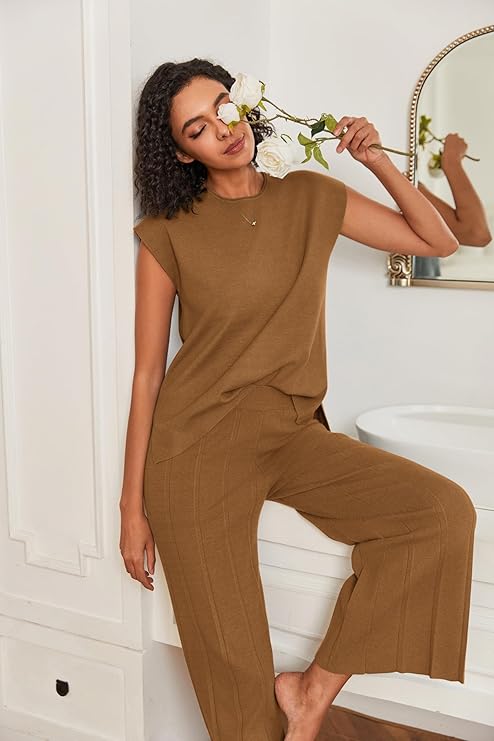 Lounge Sets for Women Two Piece Outfits Knit Cap Sleeve Tops