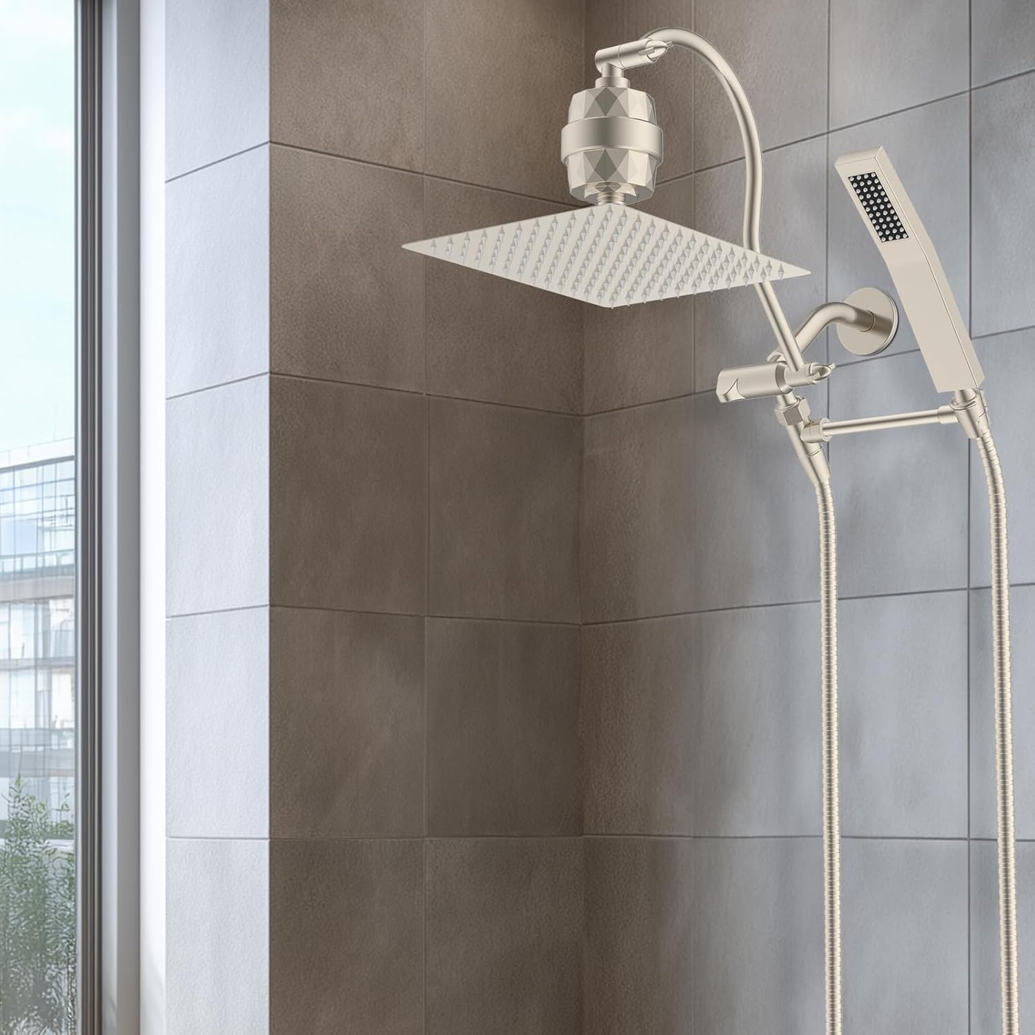 Hibbent All Metal 10'' Filtered Rainfall Shower Head Combo, High Pressure Handheld Shower Wand, 12'' Adjustable Extension Arm, 20 Stage Shower Filter, 71'' Hose, Shower Head Holders, Matte Black