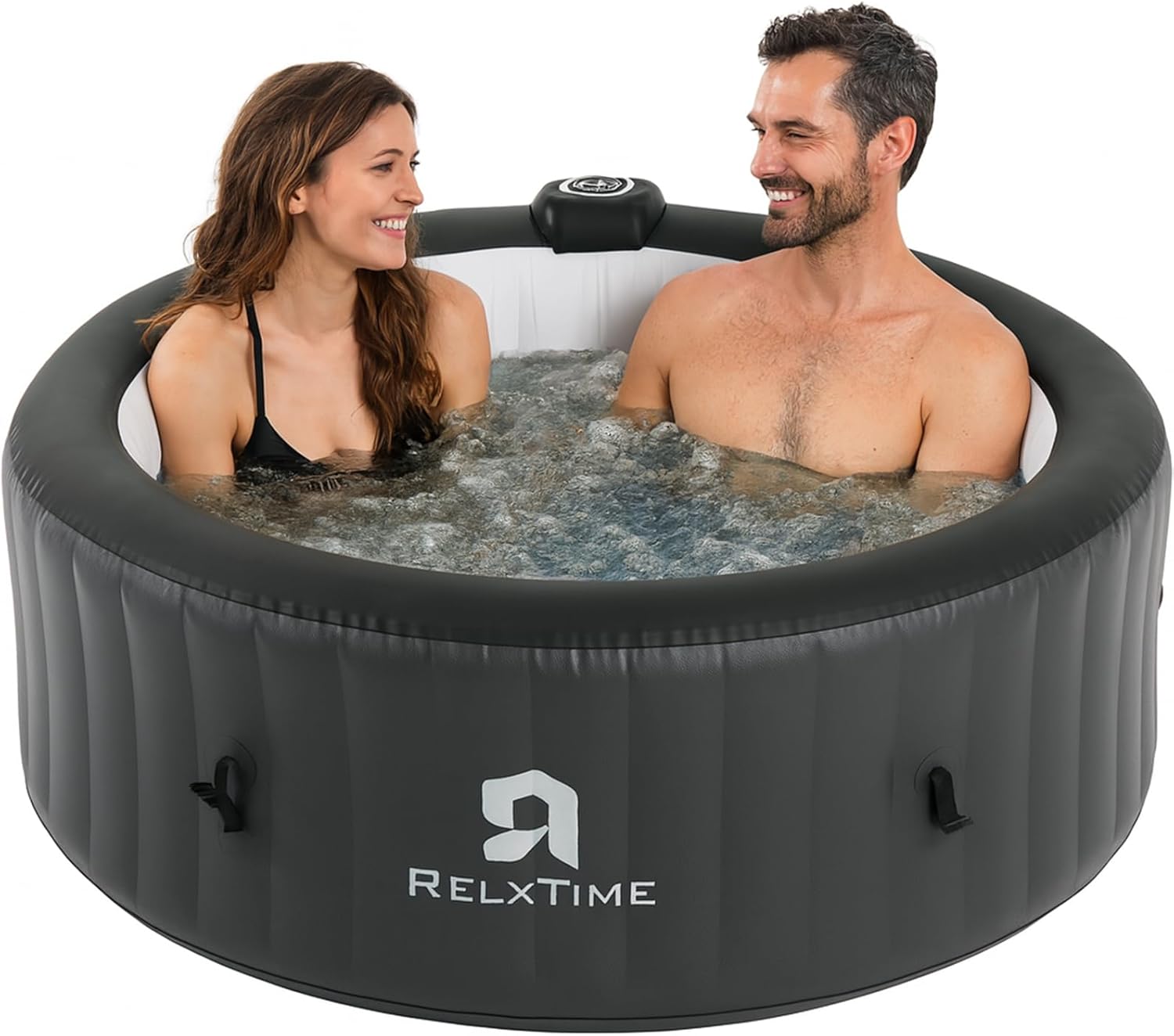 Inflatable Hot Tub 2-4 Person 110 Air Jets, Portable Blow Up Hottub with Cover, Built in Heater Pump, Round Outdoor Spa, Cup Holder, 2 Filters, Black