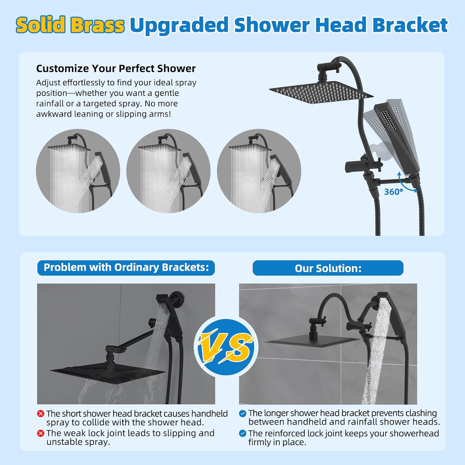 Hibbent All Metal 10'' Filtered Rainfall Shower Head Combo, High Pressure Handheld Shower Wand, 12'' Adjustable Extension Arm, 20 Stage Shower Filter, 71'' Hose, Shower Head Holders, Matte Black
