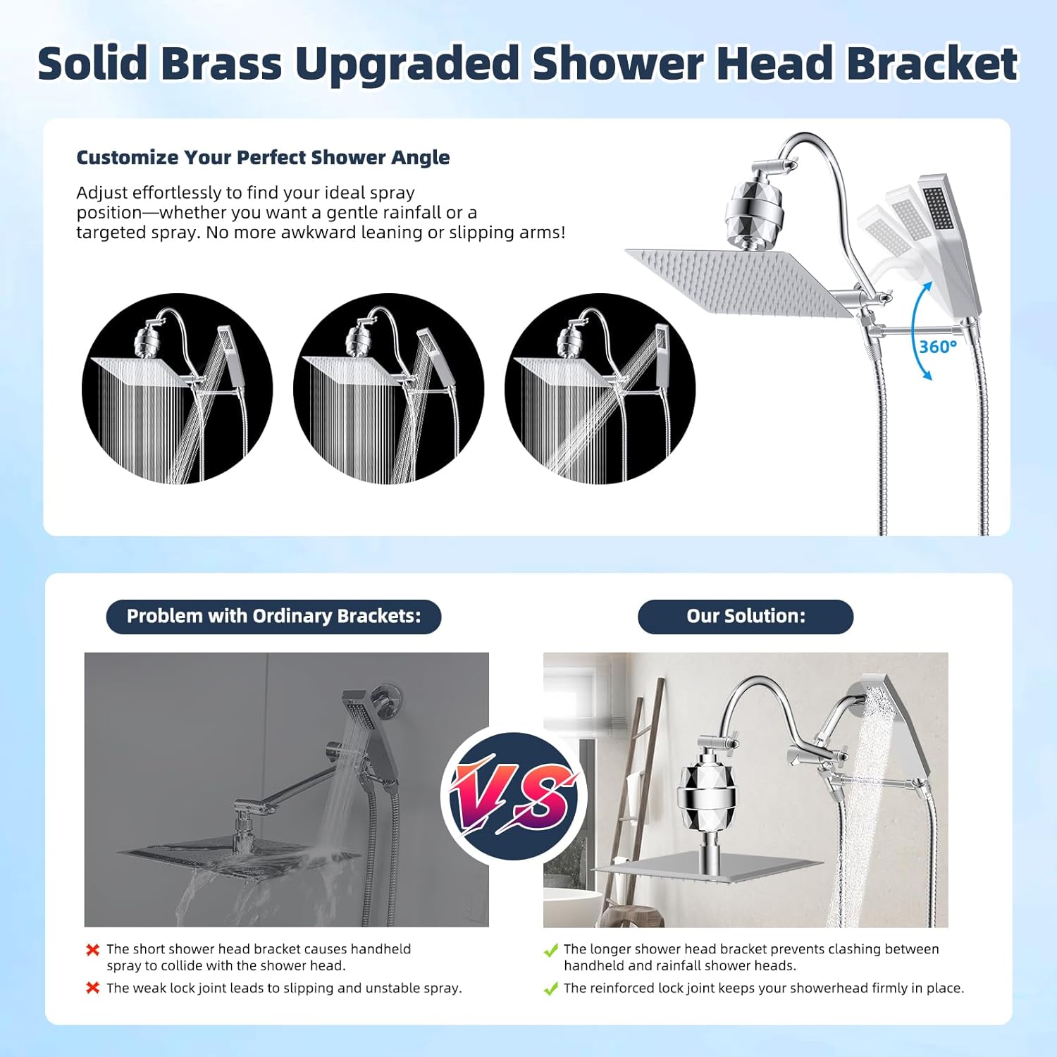 Hibbent All Metal 10'' Filtered Rainfall Shower Head Combo, High Pressure Handheld Shower Wand, 12'' Adjustable Extension Arm, 20 Stage Shower Filter, 71'' Hose, Shower Head Holders, Matte Black