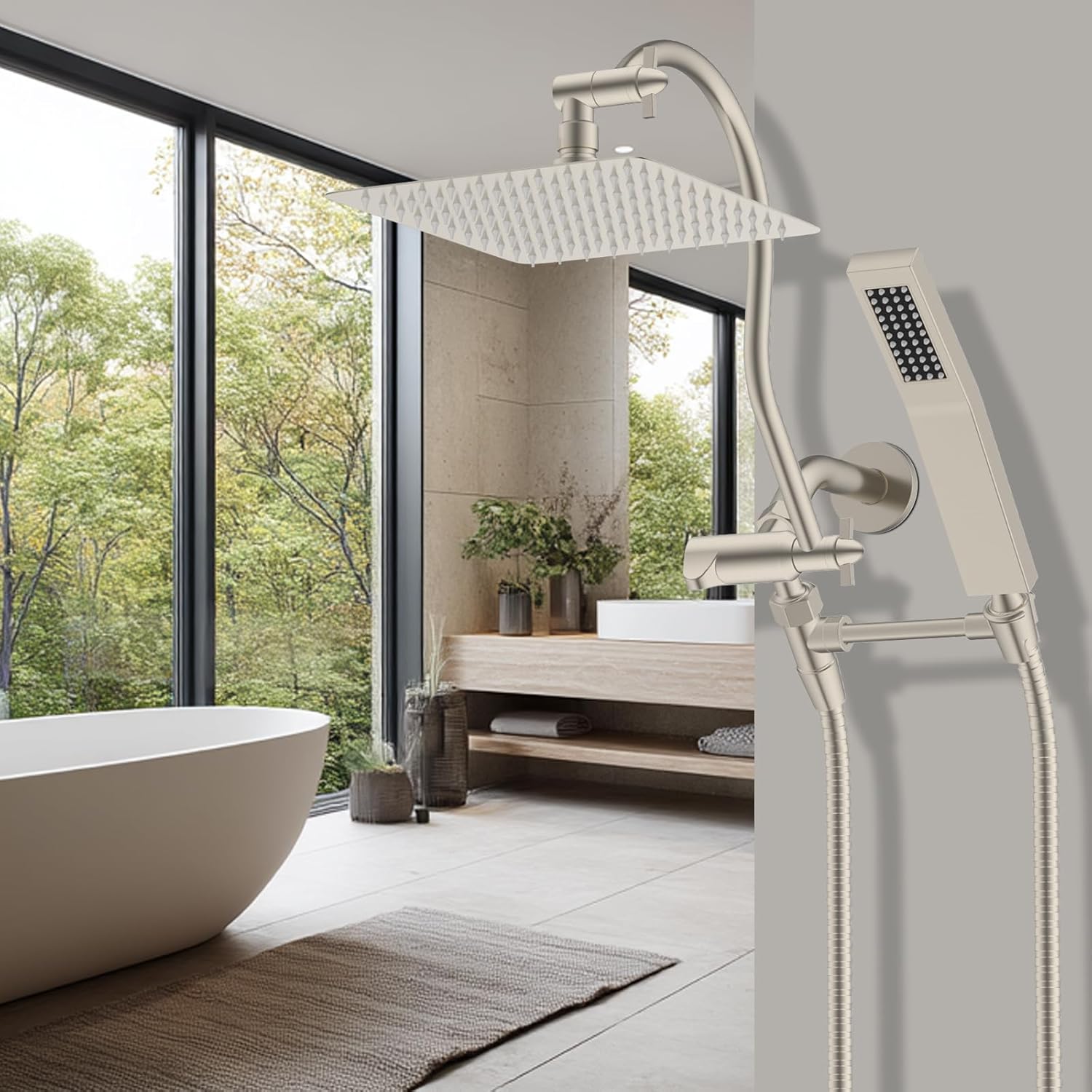 Hibbent All Metal 10'' Filtered Rainfall Shower Head Combo, High Pressure Handheld Shower Wand, 12'' Adjustable Extension Arm, 20 Stage Shower Filter, 71'' Hose, Shower Head Holders, Matte Black