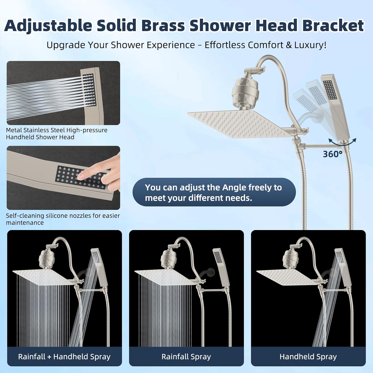 Hibbent All Metal 10'' Filtered Rainfall Shower Head Combo, High Pressure Handheld Shower Wand, 12'' Adjustable Extension Arm, 20 Stage Shower Filter, 71'' Hose, Shower Head Holders, Matte Black