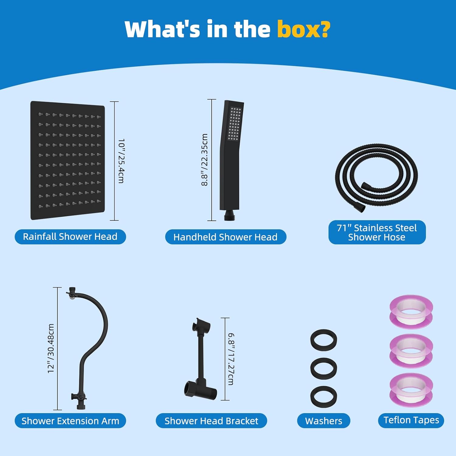 Hibbent All Metal 10'' Filtered Rainfall Shower Head Combo, High Pressure Handheld Shower Wand, 12'' Adjustable Extension Arm, 20 Stage Shower Filter, 71'' Hose, Shower Head Holders, Matte Black