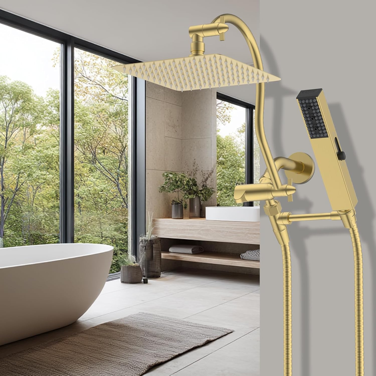 Hibbent All Metal 10'' Filtered Rainfall Shower Head Combo, High Pressure Handheld Shower Wand, 12'' Adjustable Extension Arm, 20 Stage Shower Filter, 71'' Hose, Shower Head Holders, Matte Black