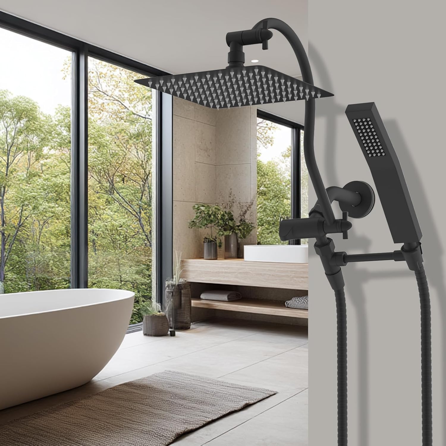 Hibbent All Metal 10'' Filtered Rainfall Shower Head Combo, High Pressure Handheld Shower Wand, 12'' Adjustable Extension Arm, 20 Stage Shower Filter, 71'' Hose, Shower Head Holders, Matte Black