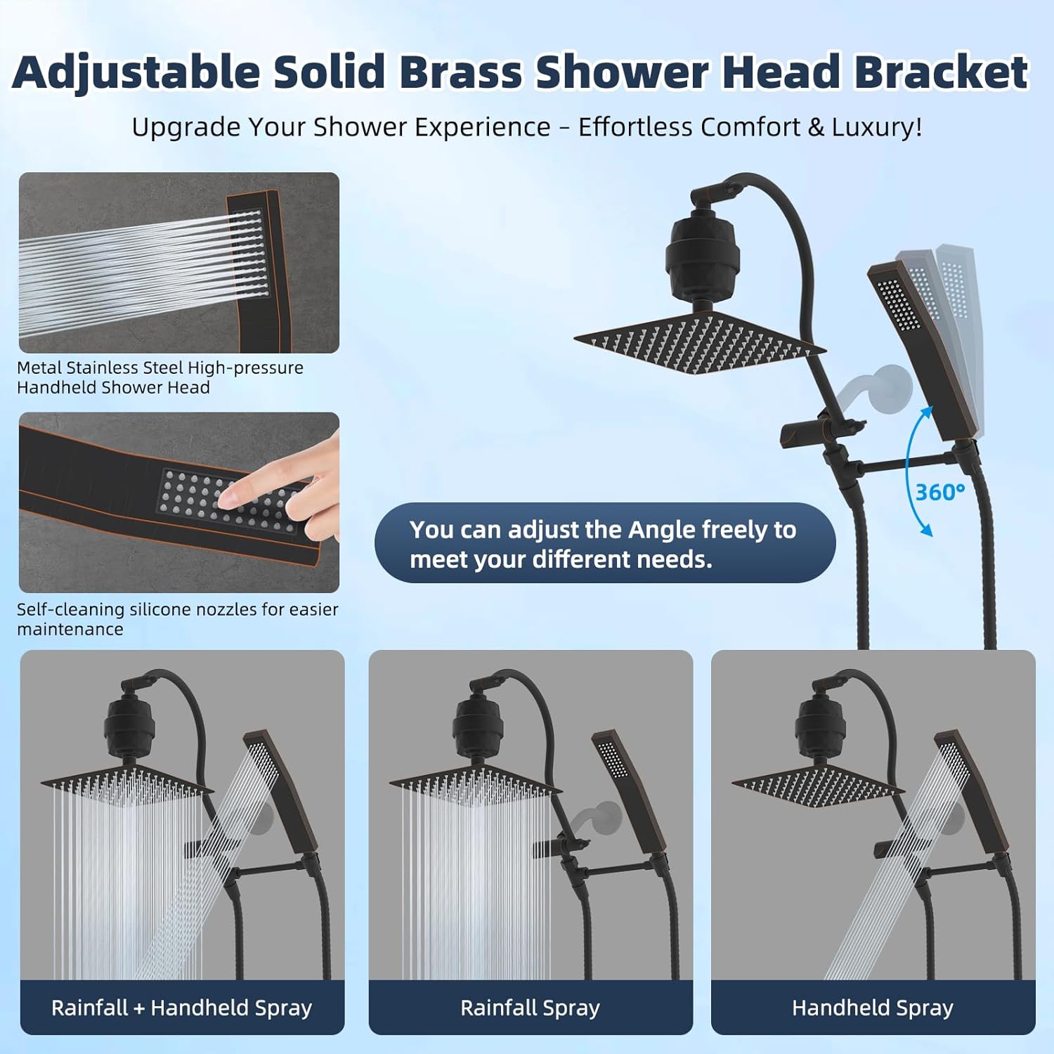 Hibbent All Metal 10'' Filtered Rainfall Shower Head Combo, High Pressure Handheld Shower Wand, 12'' Adjustable Extension Arm, 20 Stage Shower Filter, 71'' Hose, Shower Head Holders, Matte Black