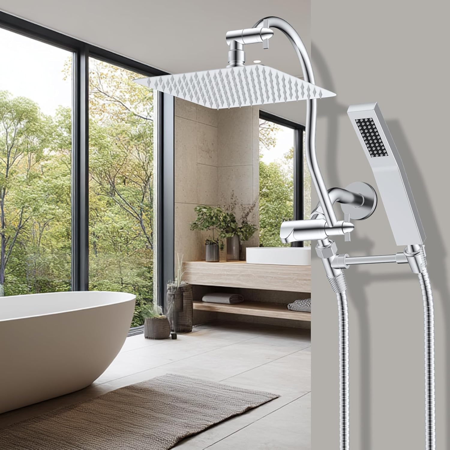 Hibbent All Metal 10'' Filtered Rainfall Shower Head Combo, High Pressure Handheld Shower Wand, 12'' Adjustable Extension Arm, 20 Stage Shower Filter, 71'' Hose, Shower Head Holders, Matte Black