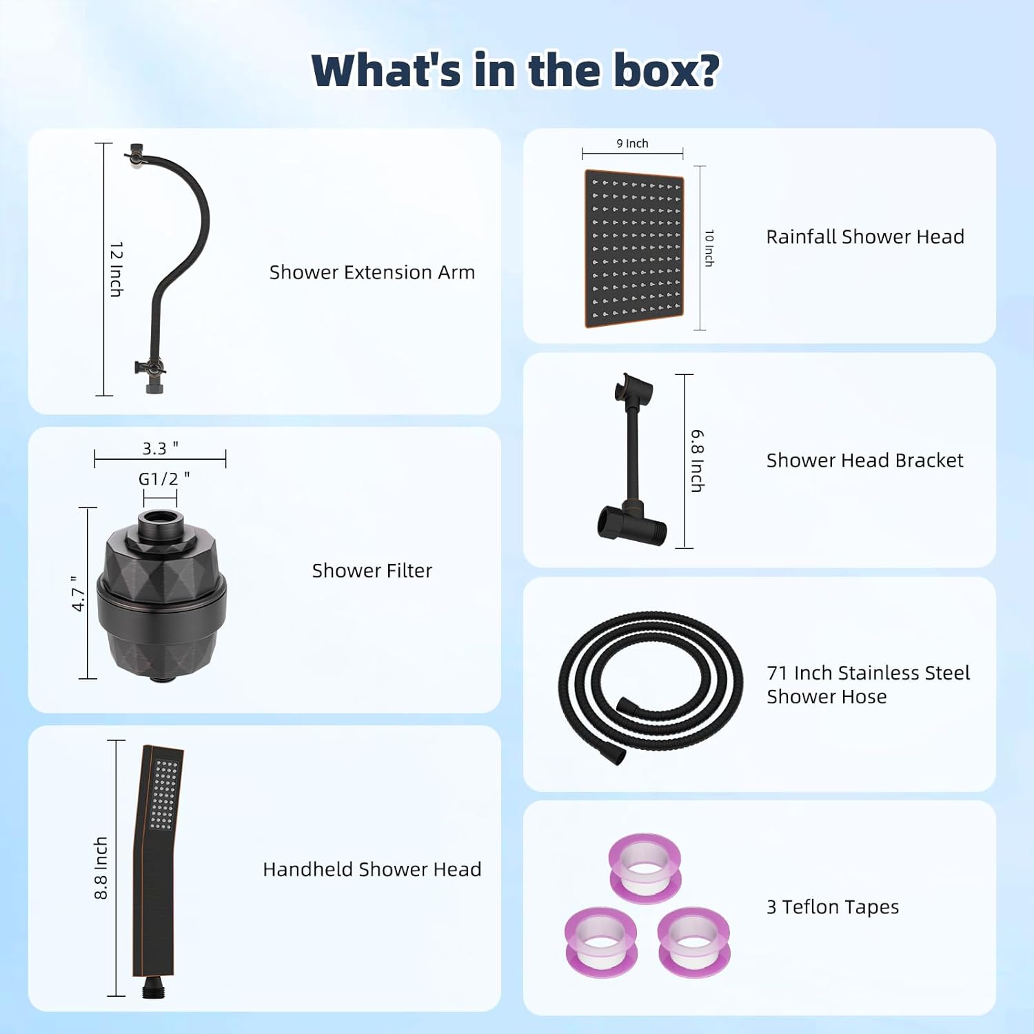 Hibbent All Metal 10'' Filtered Rainfall Shower Head Combo, High Pressure Handheld Shower Wand, 12'' Adjustable Extension Arm, 20 Stage Shower Filter, 71'' Hose, Shower Head Holders, Matte Black