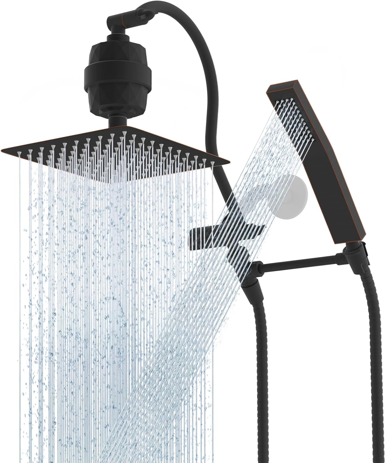 Hibbent All Metal 10'' Filtered Rainfall Shower Head Combo, High Pressure Handheld Shower Wand, 12'' Adjustable Extension Arm, 20 Stage Shower Filter, 71'' Hose, Shower Head Holders, Matte Black