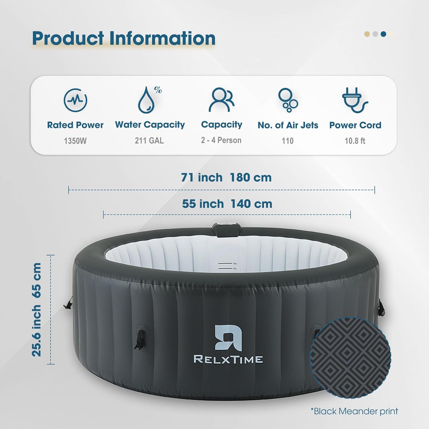 Inflatable Hot Tub 2-4 Person 110 Air Jets, Portable Blow Up Hottub with Cover, Built in Heater Pump, Round Outdoor Spa, Cup Holder, 2 Filters, Black