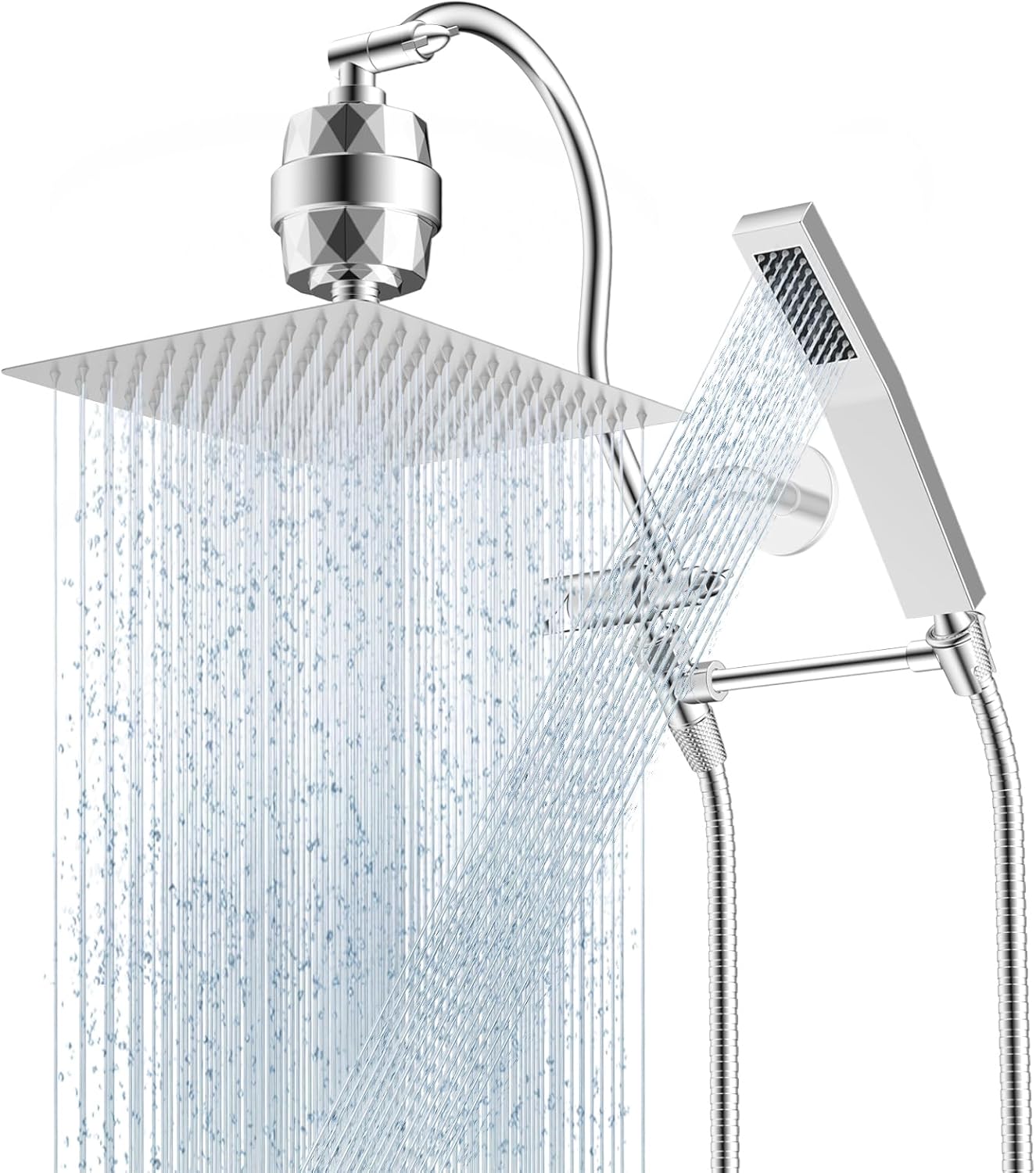 Hibbent All Metal 10'' Filtered Rainfall Shower Head Combo, High Pressure Handheld Shower Wand, 12'' Adjustable Extension Arm, 20 Stage Shower Filter, 71'' Hose, Shower Head Holders, Matte Black