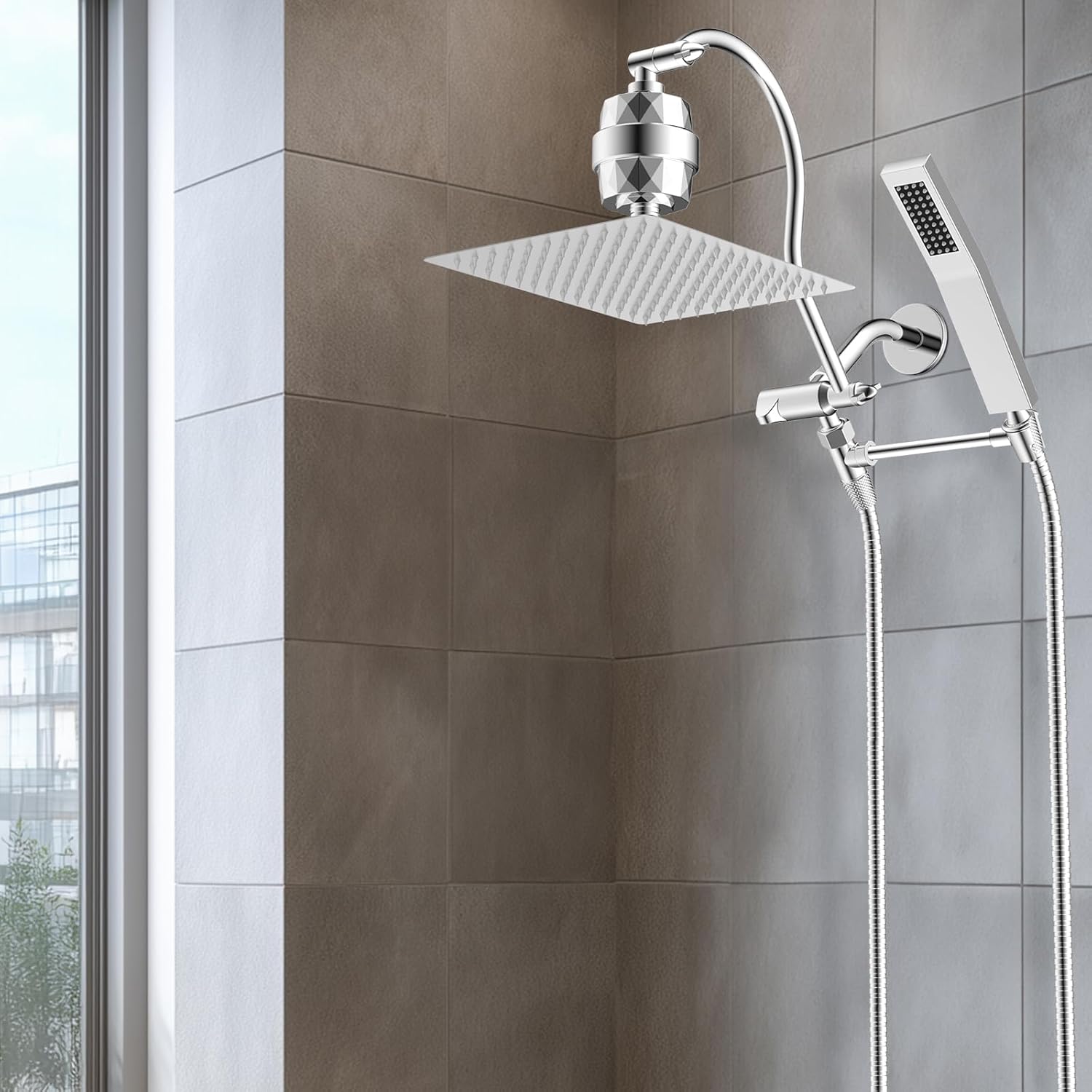 Hibbent All Metal 10'' Filtered Rainfall Shower Head Combo, High Pressure Handheld Shower Wand, 12'' Adjustable Extension Arm, 20 Stage Shower Filter, 71'' Hose, Shower Head Holders, Matte Black