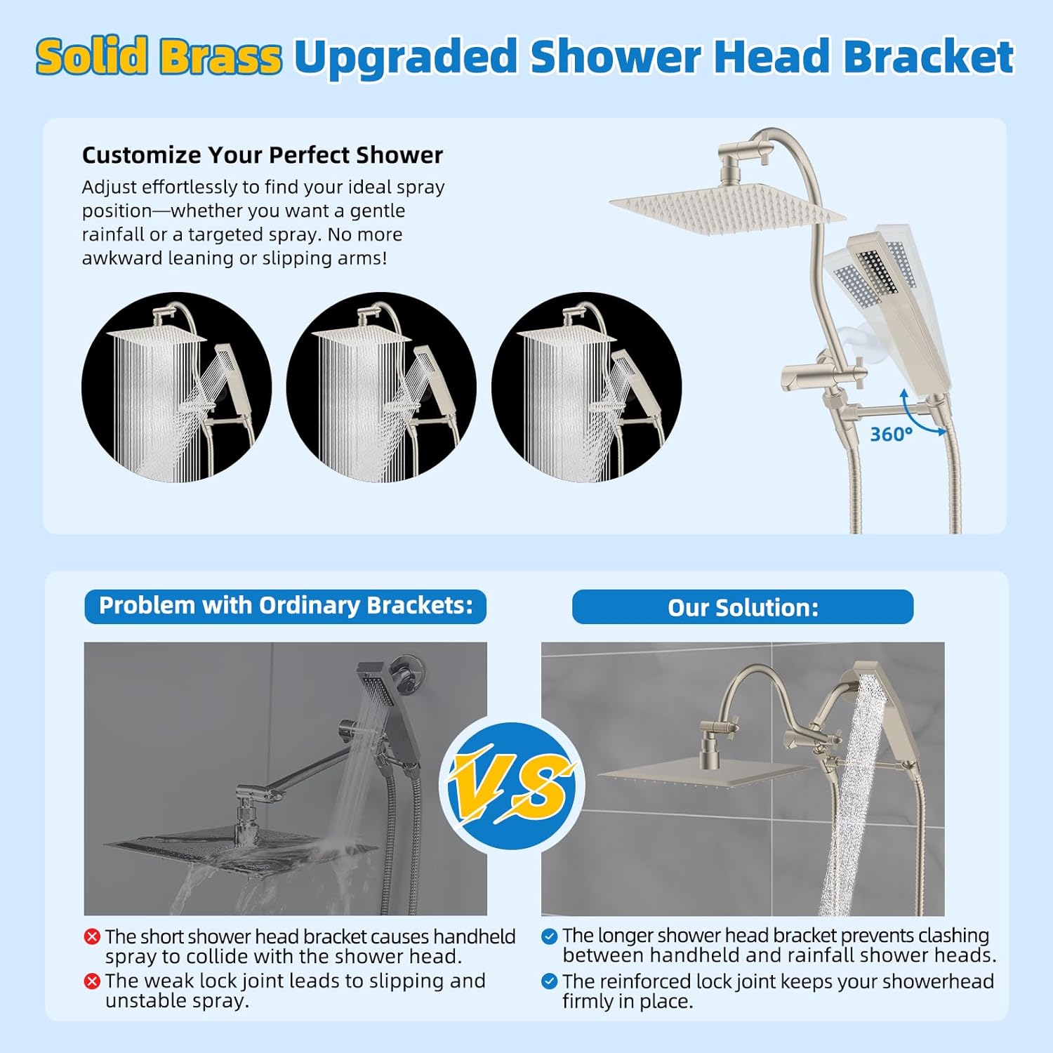 Hibbent All Metal 10'' Filtered Rainfall Shower Head Combo, High Pressure Handheld Shower Wand, 12'' Adjustable Extension Arm, 20 Stage Shower Filter, 71'' Hose, Shower Head Holders, Matte Black