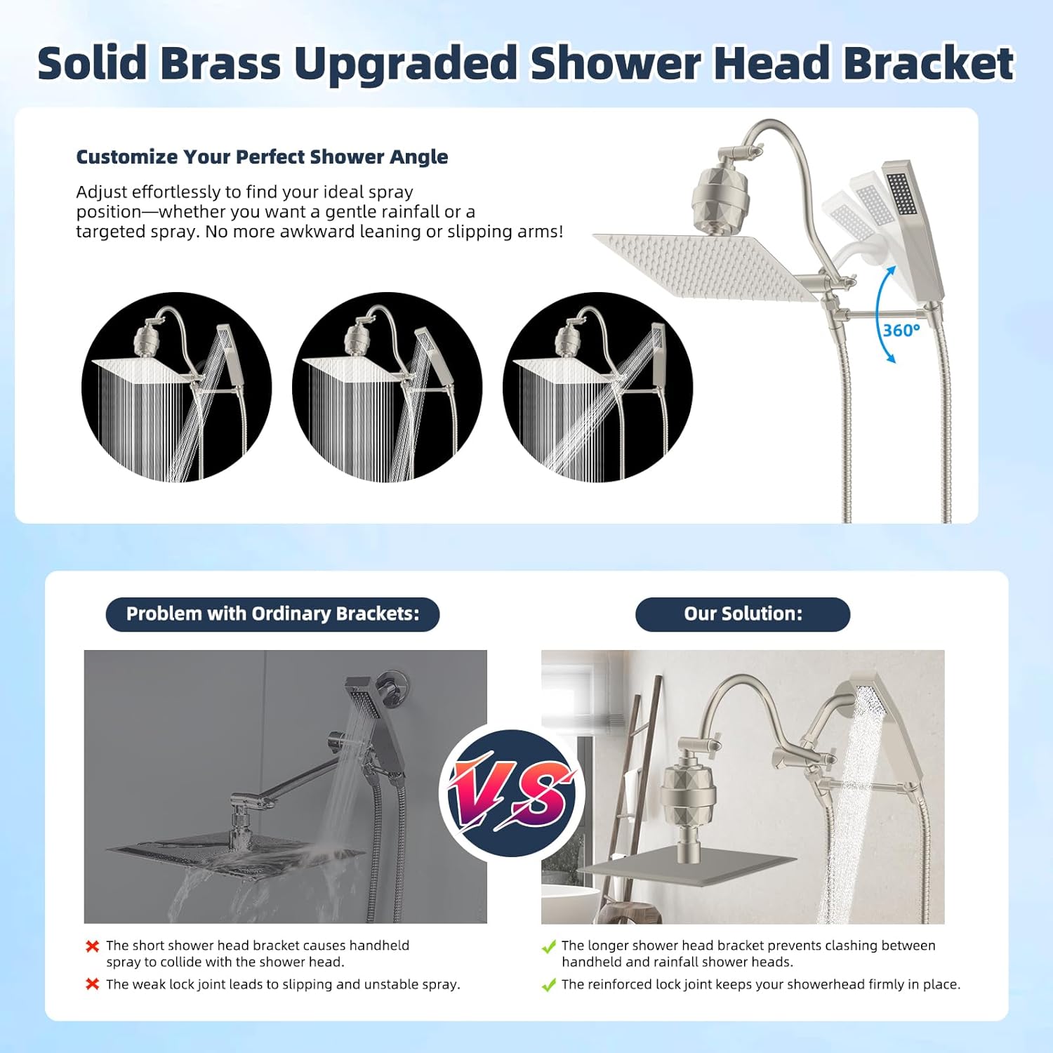 Hibbent All Metal 10'' Filtered Rainfall Shower Head Combo, High Pressure Handheld Shower Wand, 12'' Adjustable Extension Arm, 20 Stage Shower Filter, 71'' Hose, Shower Head Holders, Matte Black