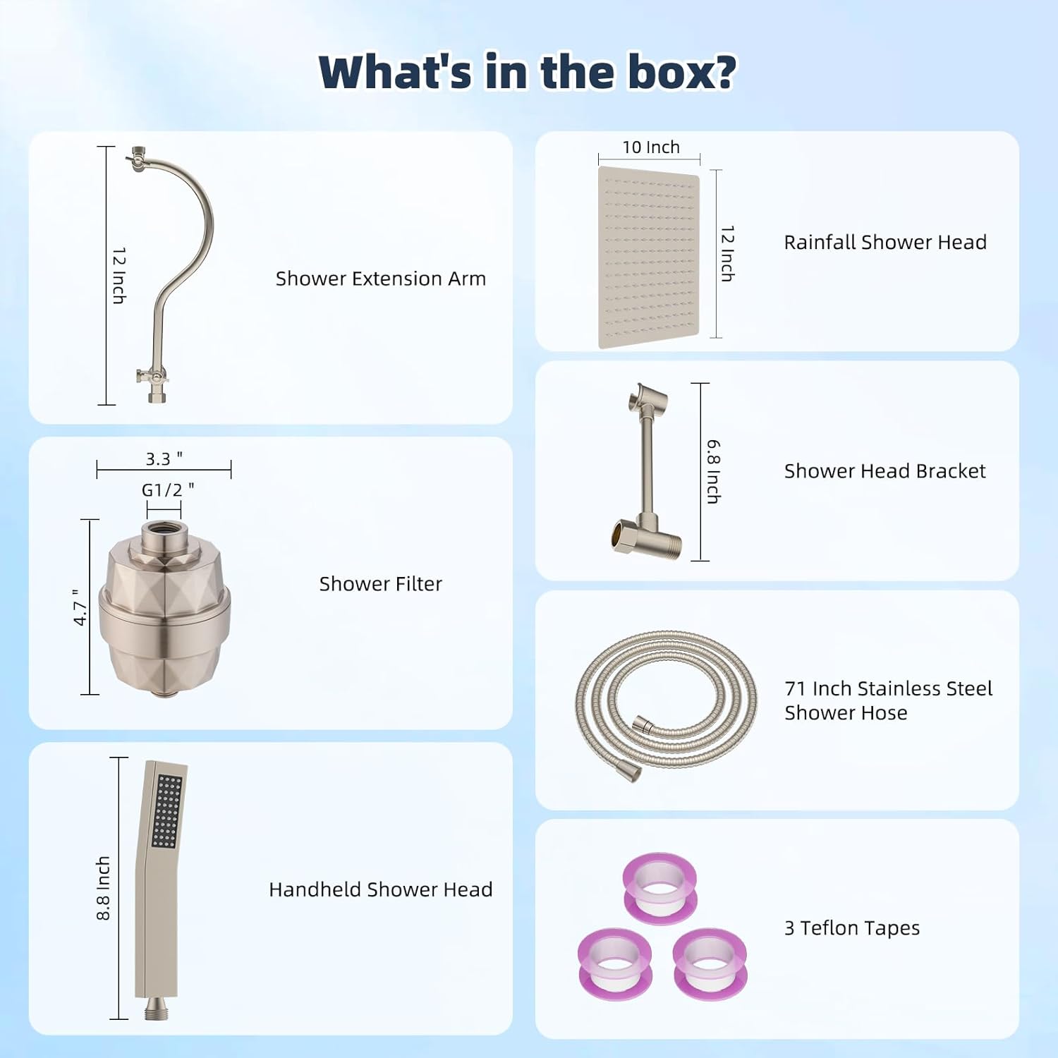 Hibbent All Metal 10'' Filtered Rainfall Shower Head Combo, High Pressure Handheld Shower Wand, 12'' Adjustable Extension Arm, 20 Stage Shower Filter, 71'' Hose, Shower Head Holders, Matte Black