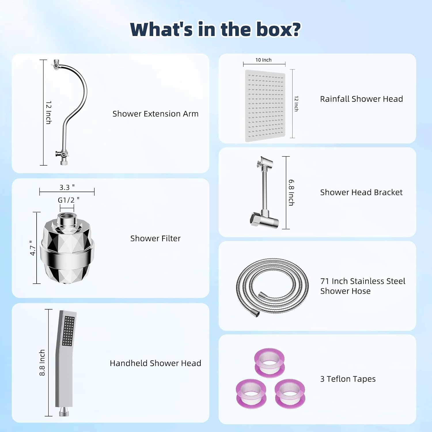 Hibbent All Metal 10'' Filtered Rainfall Shower Head Combo, High Pressure Handheld Shower Wand, 12'' Adjustable Extension Arm, 20 Stage Shower Filter, 71'' Hose, Shower Head Holders, Matte Black