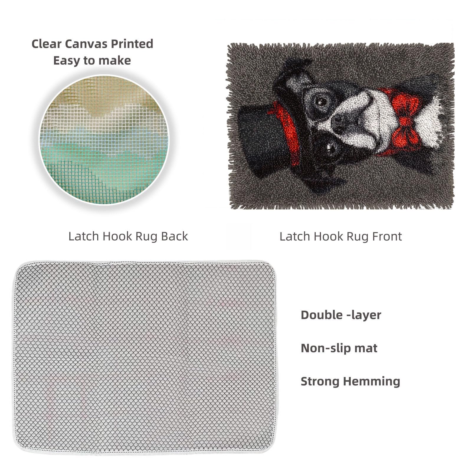 Latch Hook Rug Kit Boston Terrier Dog WearGlasses and Hat Pre-printed Handmade Carpet Crochet Yarn Craft DIY Hook and Latch Door Mat Tapestry for Home Floor Decoration 52x38cm-1