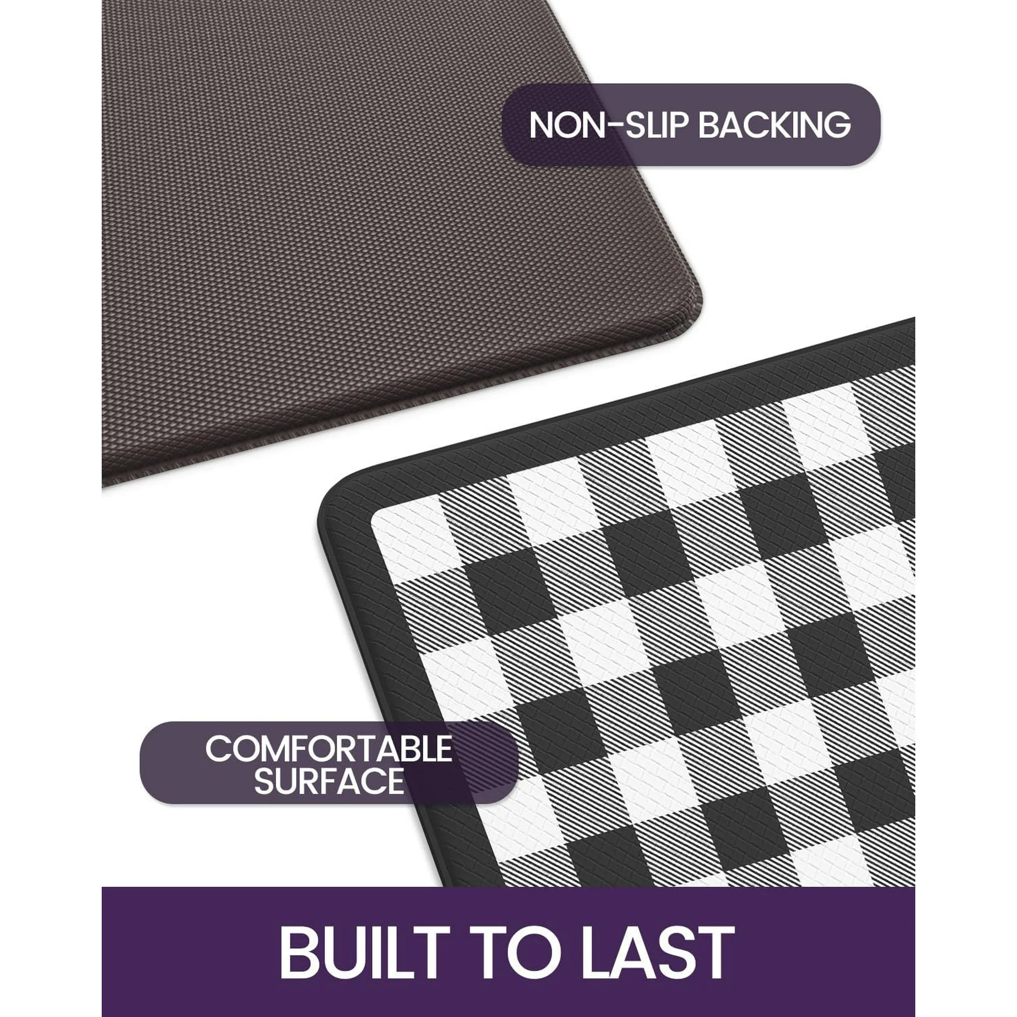 Kitchen Floor Mats Anti Fatigue, 20x29+20x59 Large Wide Cushioned Runner Rug Memory Foam, Waterproof Comfort Standing Padded Non Skid for Home Office Sink Laundry, Black and White Buffalo Plaid