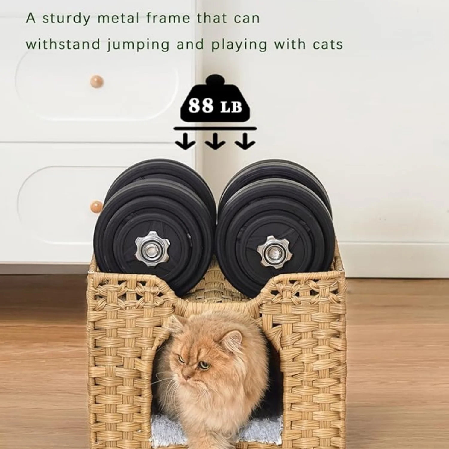 Cat Beds Indoor Kitten House, Handwoven Rattan Cat Cave Pet Cube, Large Cat Houses, One Bed Mat, Foldable, Hideaway, 16.5x16.5x13.2 Inches, 2 S-Shaped Hooks in Living Room Bedroom Natural