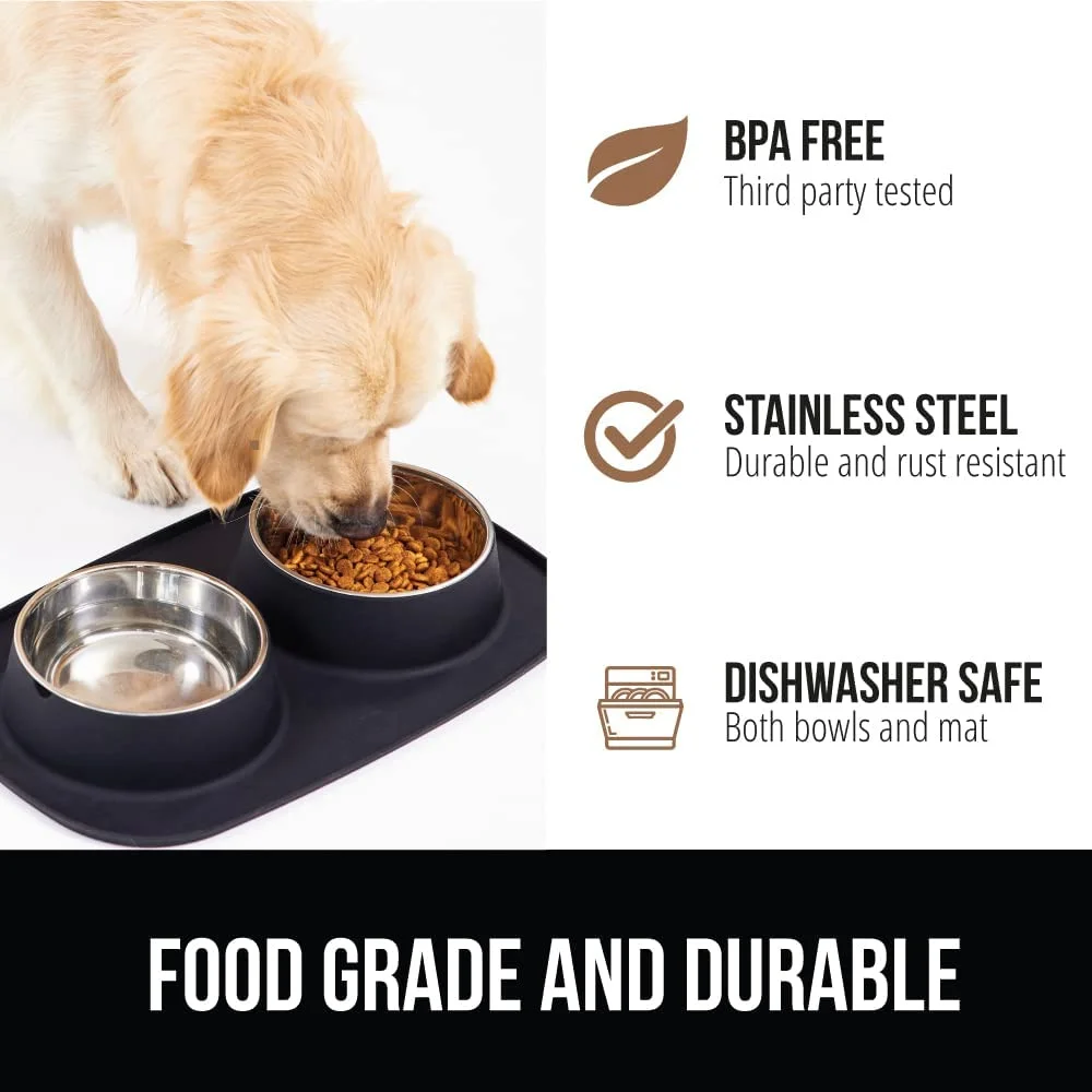 Waterproof Pet Feeding Mat Set with Stainless Steel Bowls, Slip Resistant, , 2 Cup Black
