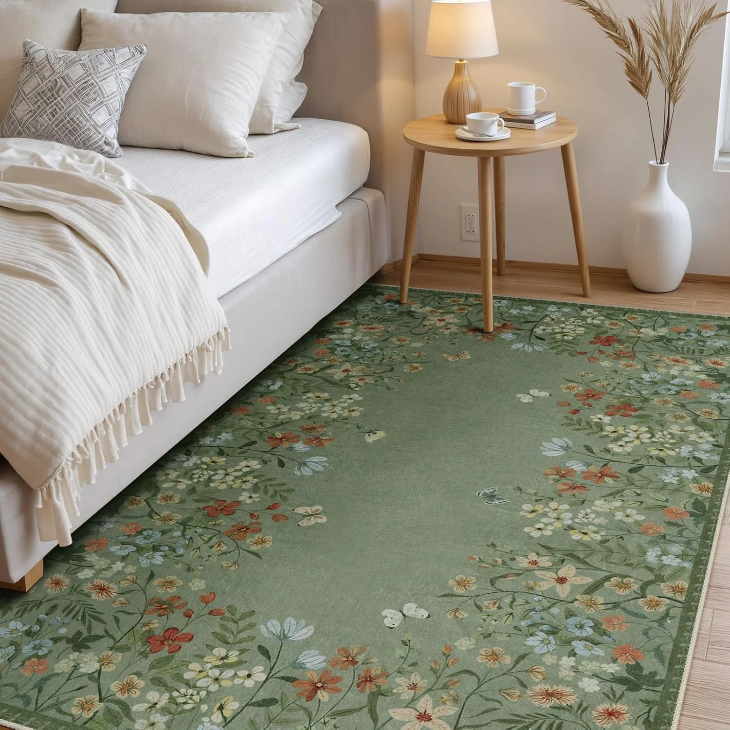 Washable Area Rug 4x6, Green Floral Rugs for Living Room, Non-Slip Large Kitchen Throw Mat, Low-Pile Indoor Botanical Floor Carpet for Girls Bedroom Laundry Entrance (Green,4'x6')