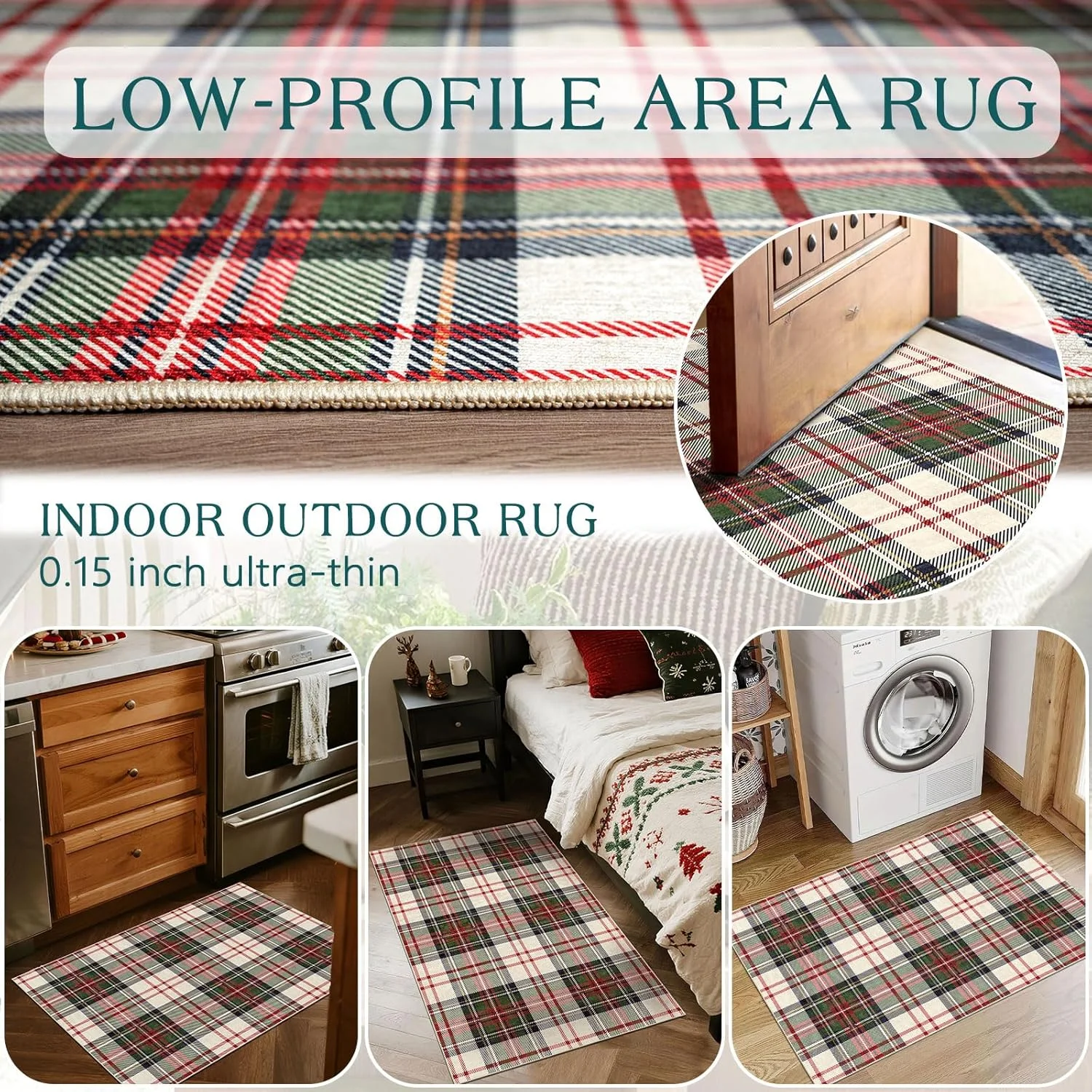 Christmas 3x5 Entry Rug - Small Washable Indoor Outdoor Mats for Front Door Non-Slip Porch Rug Holiday Tartan Plaid Throw Rugs for Living Room Bedroom Entryway Kitchen Office Porch Decor