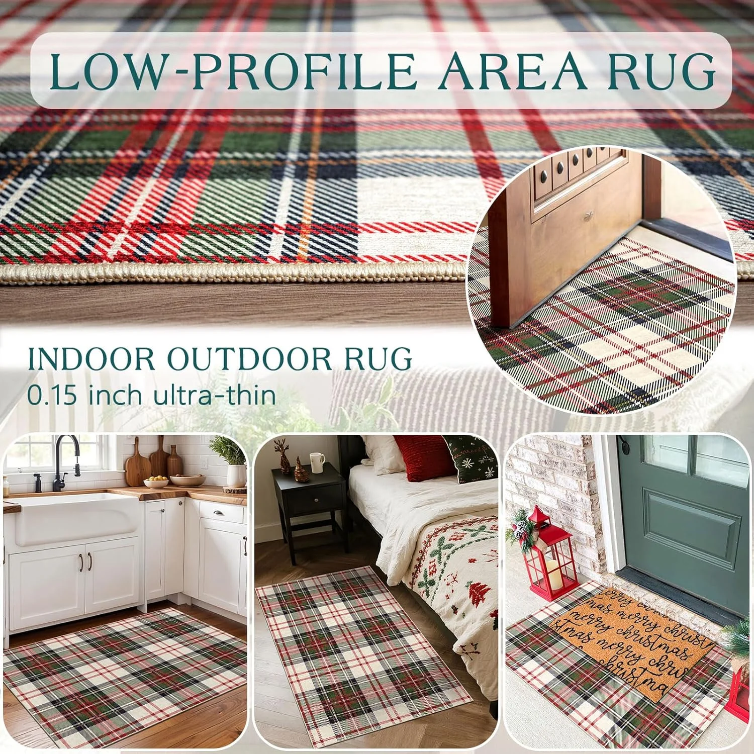 Christmas 3x5 Entry Rug - Small Washable Indoor Outdoor Mats for Front Door Non-Slip Porch Rug Holiday Tartan Plaid Throw Rugs for Living Room Bedroom Entryway Kitchen Office Porch Decor