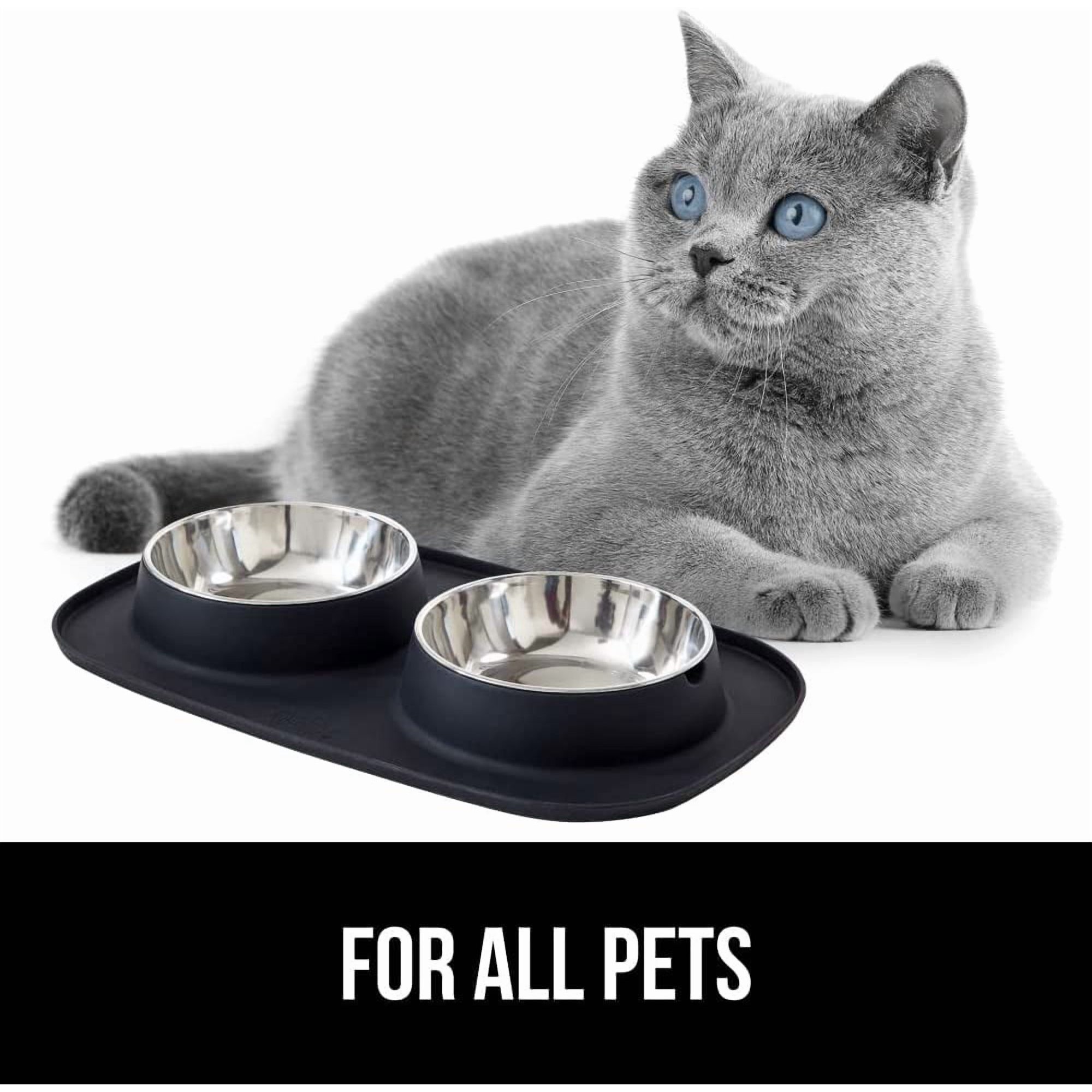 Waterproof Pet Feeding Mat Set with Stainless Steel Bowls, Slip Resistant, , 2 Cup Black