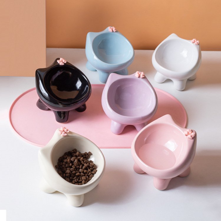 Cute Ceramic Pet Bowl for Dogs & Cats - Single/2-Pack/2-Pack + Silicone Placemat Sets, Multiple Colors