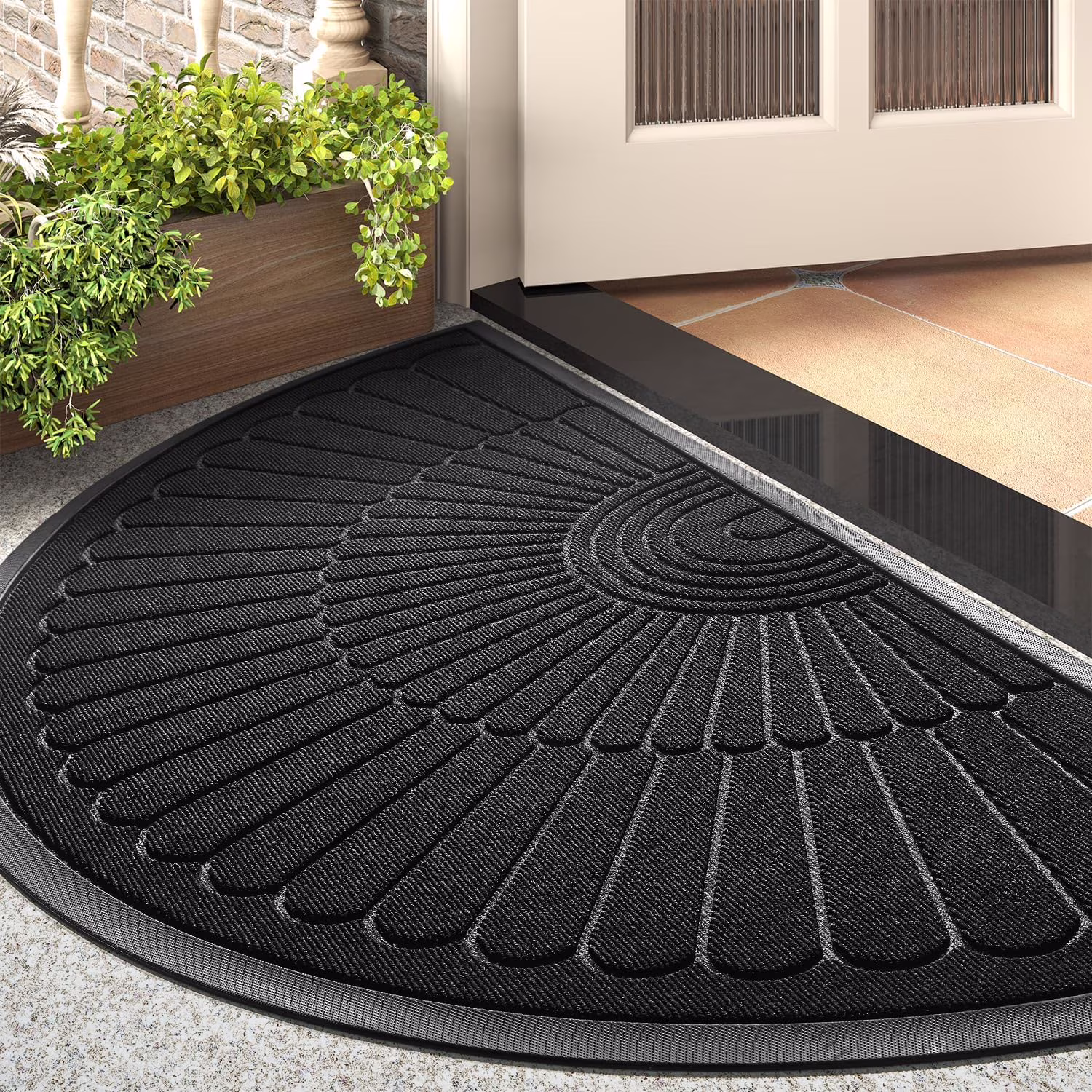 Door Mat Outdoor Indoor Entrance Doormat-Semicircular Durable Rubber Non Slip Front Door Mat for Outside Inside Entry Entryway Dirt Trapper WelcomeMat for Muddy Paws and Shoes-Black 24”x47”