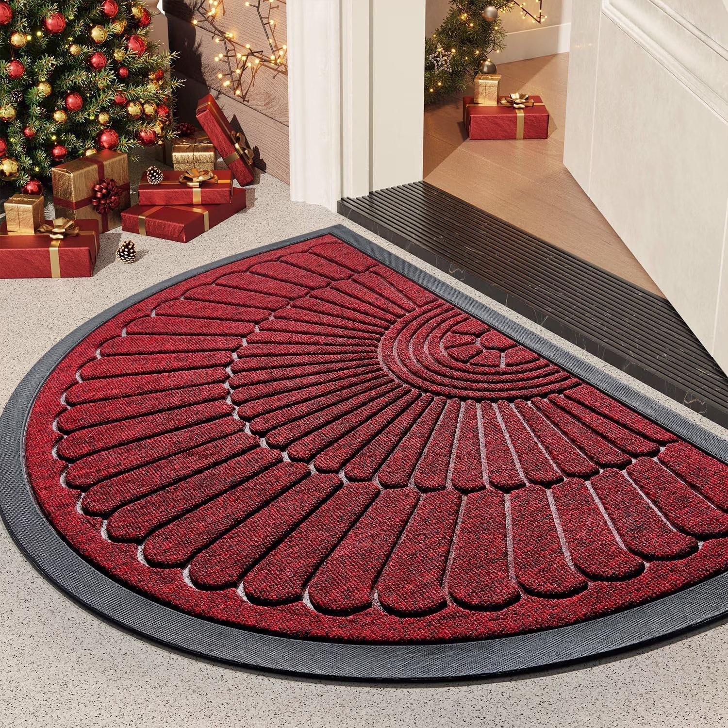 Door Mat Outdoor Indoor Entrance Doormat-Semicircular Durable Rubber Non Slip Front Door Mat for Outside Inside Entry Entryway Dirt Trapper WelcomeMat for Muddy Paws and Shoes-Red 24”x47”