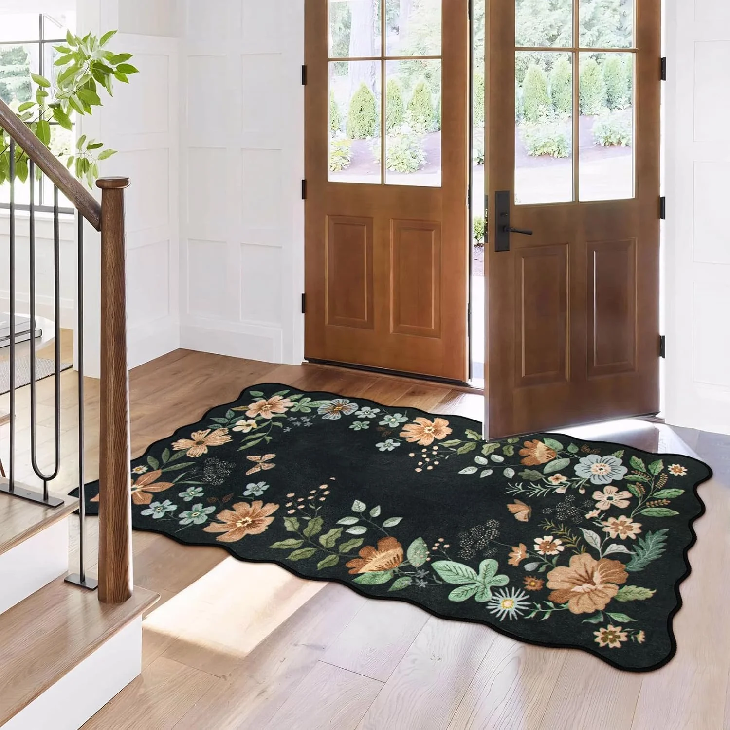 SwiftPulse Floral Entryway Rug, 2x4 Washable Kitchen Rug Ultra-Thin, Non-Slip Soft Door Mat Indoor Entrance Stain Resistant Boho Small Low-Pile Throw Carpet for Bathroom Bedroom(2x4ft,Black/Grey)
