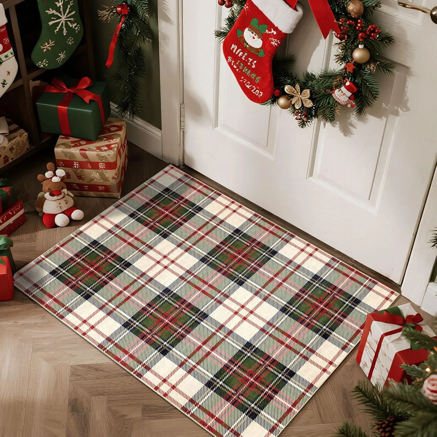 Christmas 3x5 Entry Rug - Small Washable Indoor Outdoor Mats for Front Door Non-Slip Porch Rug Holiday Tartan Plaid Throw Rugs for Living Room Bedroom Entryway Kitchen Office Porch Decor