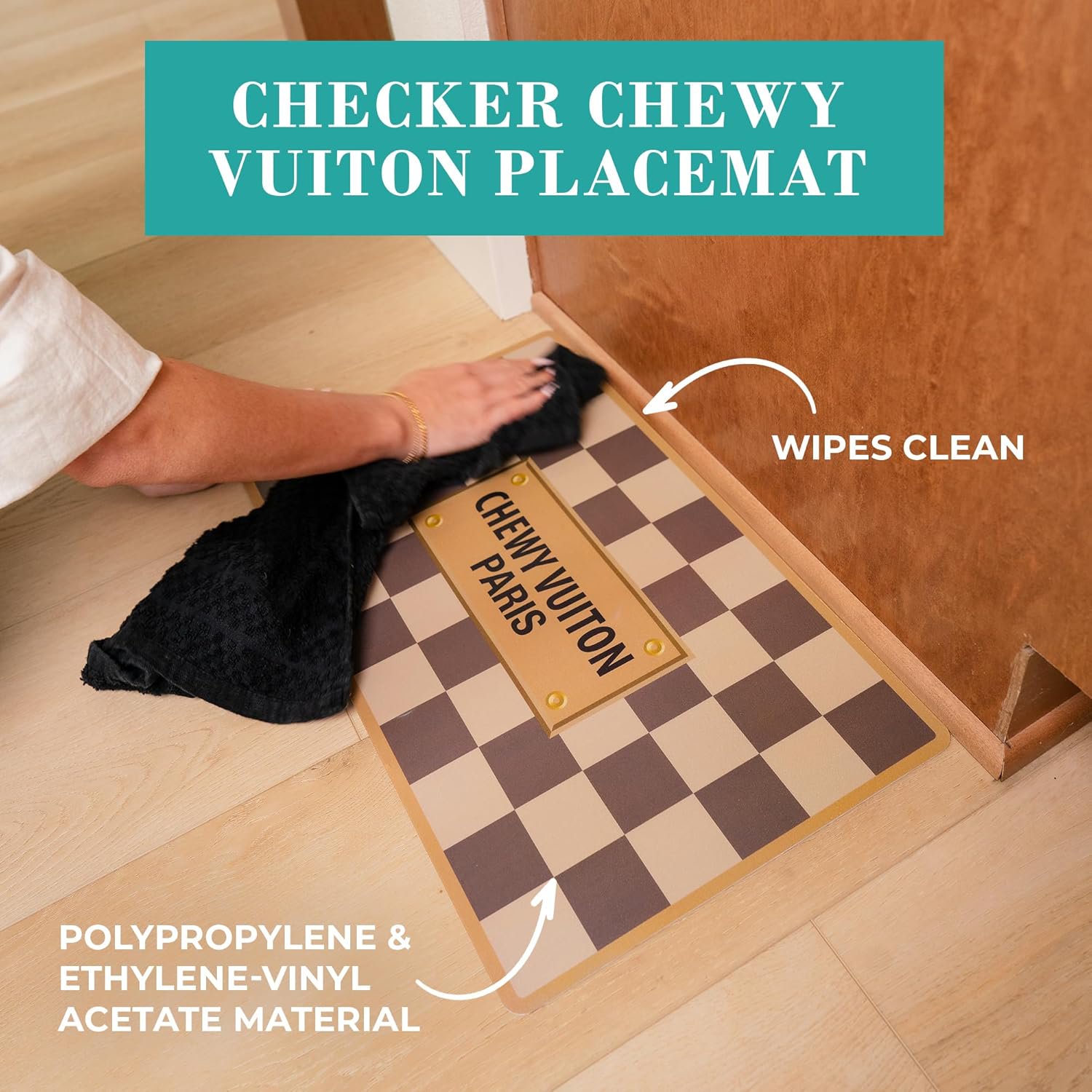 Checker Chewy Vuiton Dog Bowls & Placemat, BPA-Free Food & Water Bowls, Non-Skid, Dishwasher Safe, Includes Food Mat, Small Size, Case of 2.