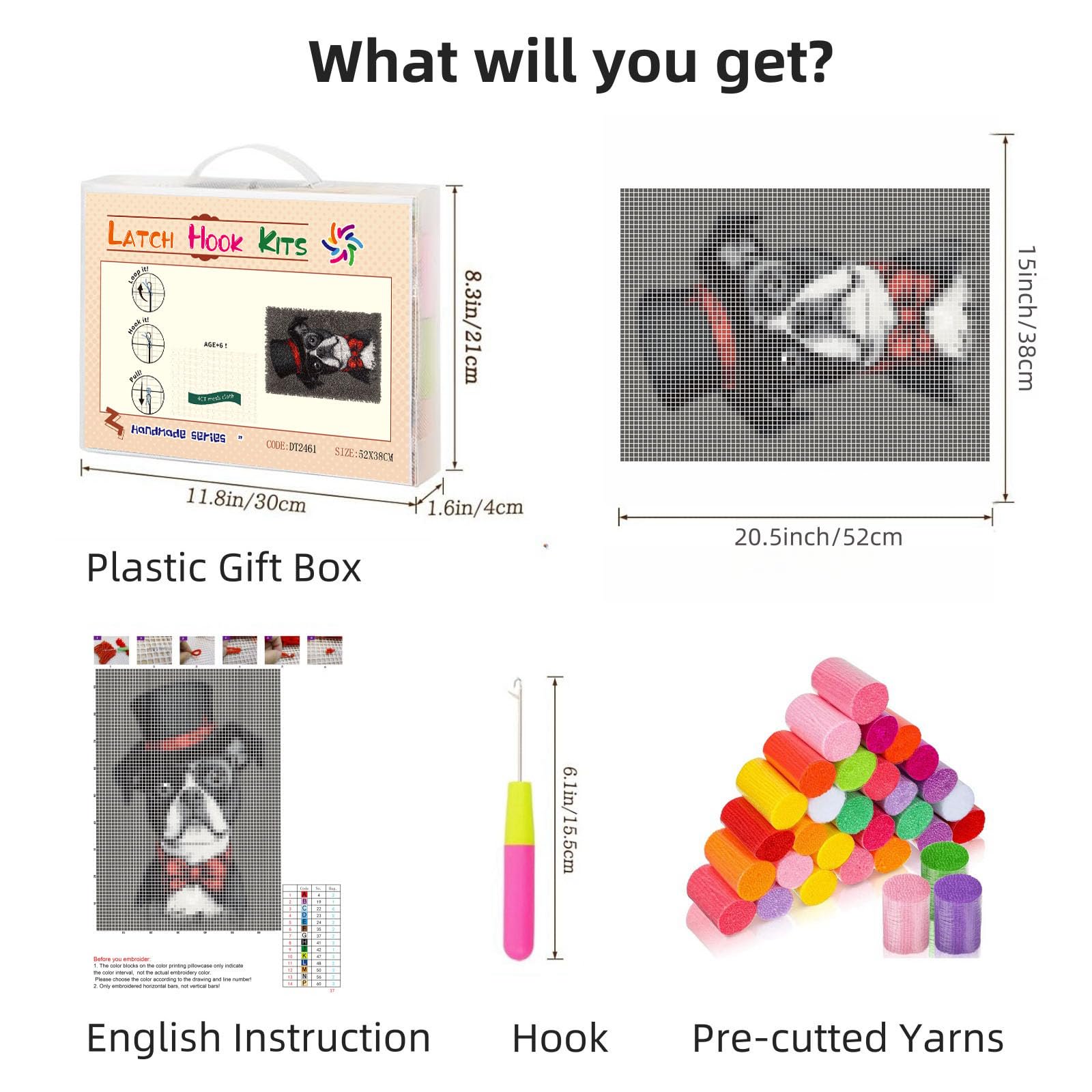 Latch Hook Rug Kit Boston Terrier Dog WearGlasses and Hat Pre-printed Handmade Carpet Crochet Yarn Craft DIY Hook and Latch Door Mat Tapestry for Home Floor Decoration 52x38cm-1