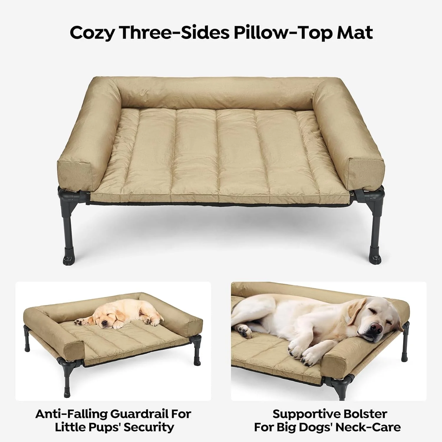 Cooling Elevated Dog Bed Add Removable Waterproof Bolster Cushion Mat, Raised Pet Cot with Breathable Teslin Mesh, No-Slip Feet, Dog Couch Bed for Indoor Outdoor, 32x25inches, Beige,