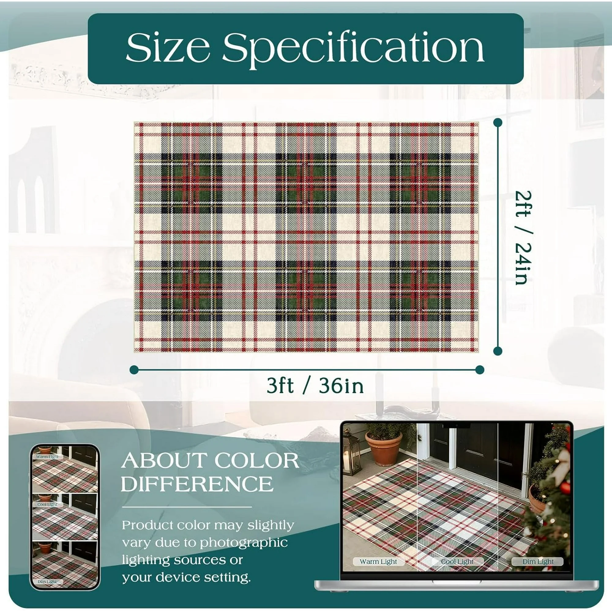 Christmas 3x5 Entry Rug - Small Washable Indoor Outdoor Mats for Front Door Non-Slip Porch Rug Holiday Tartan Plaid Throw Rugs for Living Room Bedroom Entryway Kitchen Office Porch Decor