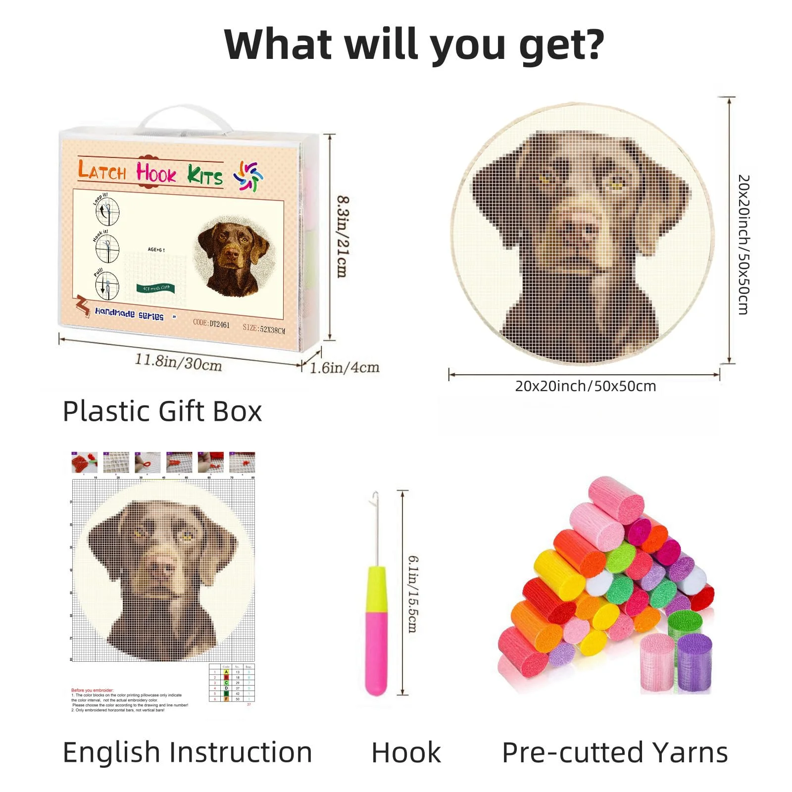 Latch Hook Rug Kit Brown Labrador Dog Stamped Handmade Round Shape Carpet Crochet Yarn Craft DIY Hook and Latch Door Mat Tapestry for Christmas Home Floor Decor 50x50cm(1)