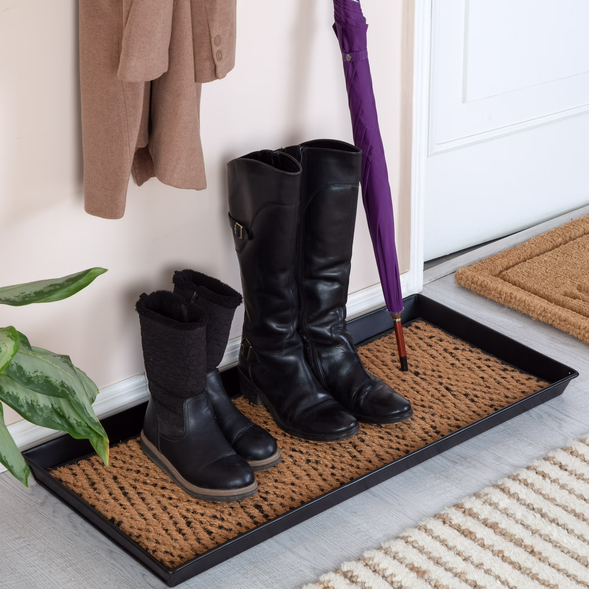 Black Metal Boot Tray with Tan & Black Coir Insert