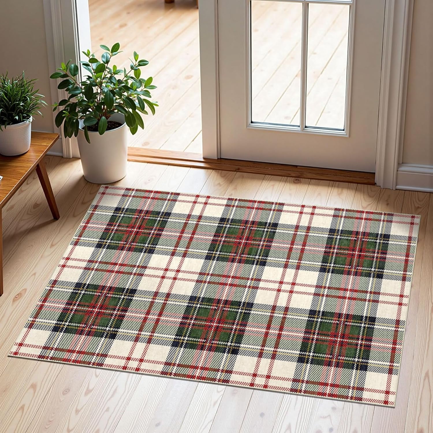 Christmas 3x5 Entry Rug - Small Washable Indoor Outdoor Mats for Front Door Non-Slip Porch Rug Holiday Tartan Plaid Throw Rugs for Living Room Bedroom Entryway Kitchen Office Porch Decor