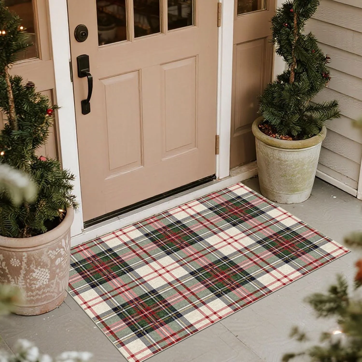 Christmas 3x5 Entry Rug - Small Washable Indoor Outdoor Mats for Front Door Non-Slip Porch Rug Holiday Tartan Plaid Throw Rugs for Living Room Bedroom Entryway Kitchen Office Porch Decor