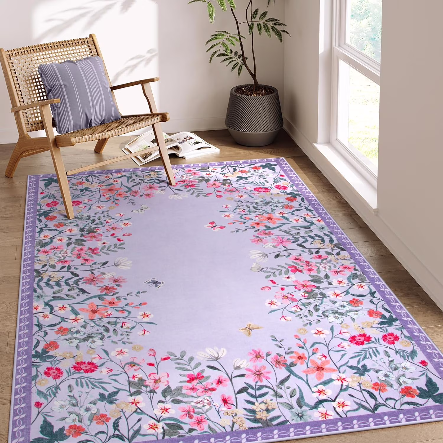 Washable 4x6 Rug, Purple Rugs for Girls Bedroom, Soft Non-Slip Nursery Area Rug, Floral Rug Kids Room Low Pile Throw Carpet for Dorm Decor (Purple,4'x6')