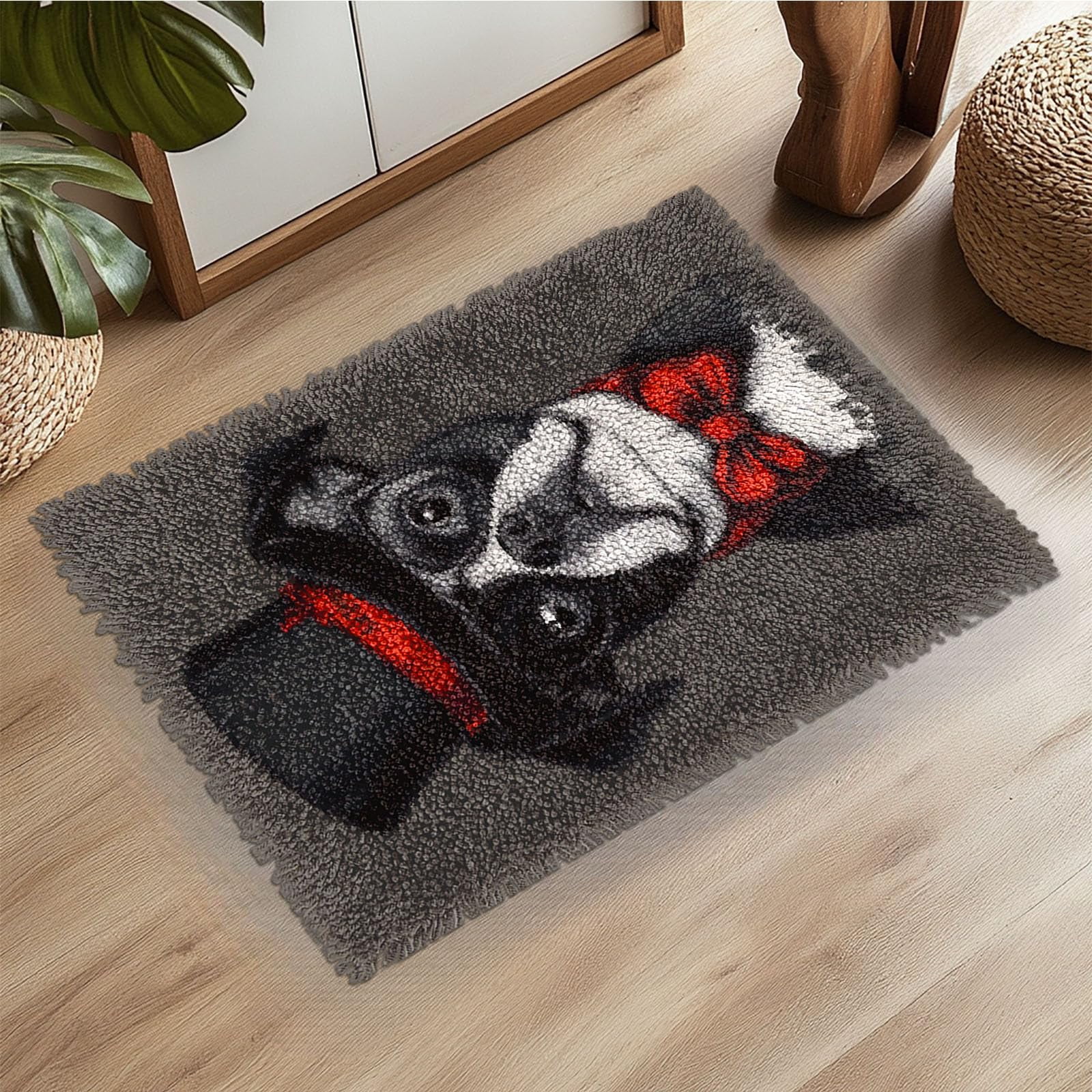 Latch Hook Rug Kit Boston Terrier Dog WearGlasses and Hat Pre-printed Handmade Carpet Crochet Yarn Craft DIY Hook and Latch Door Mat Tapestry for Home Floor Decoration 52x38cm-1