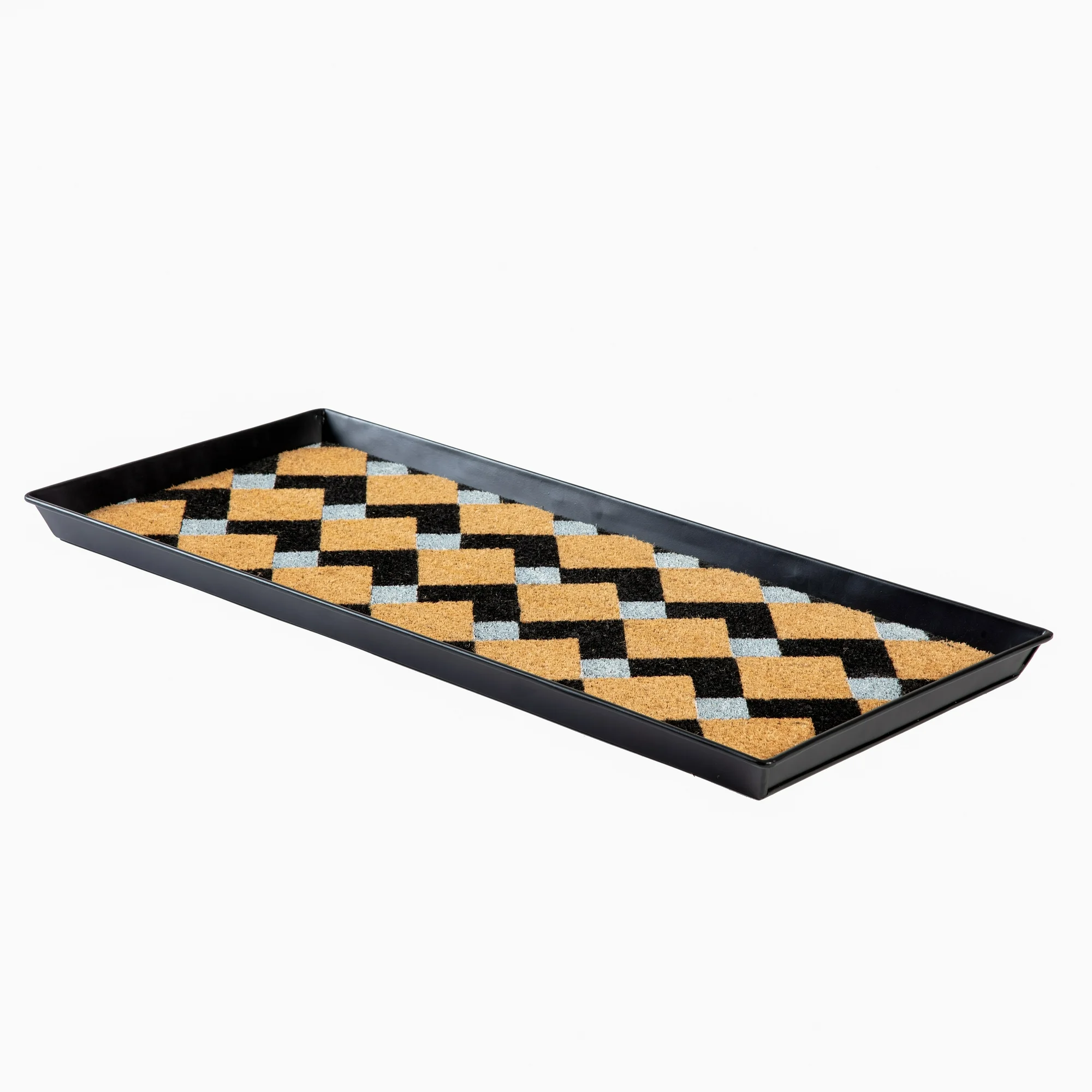 Black Metal Boot Tray with Tan & Black Chevron Coir Insert